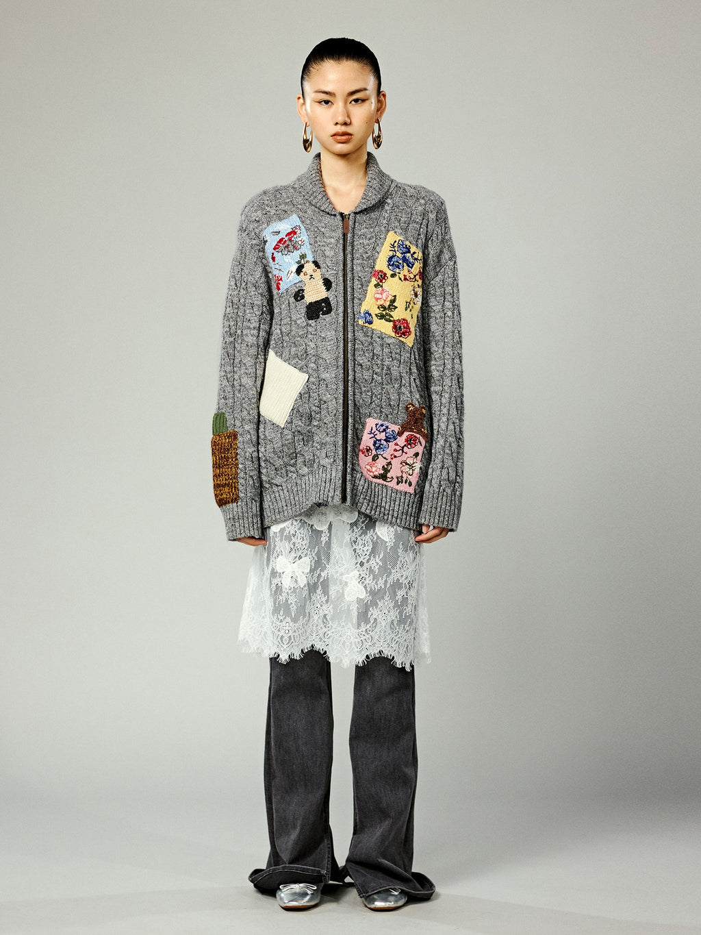 Vintage-inspired patch zip cardigan