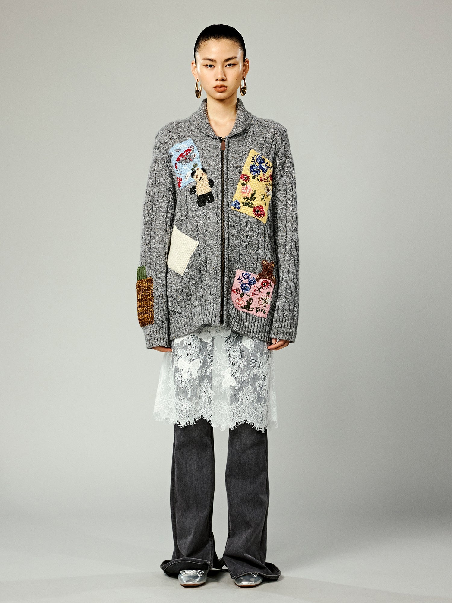 Vintage-inspired patch zip cardigan