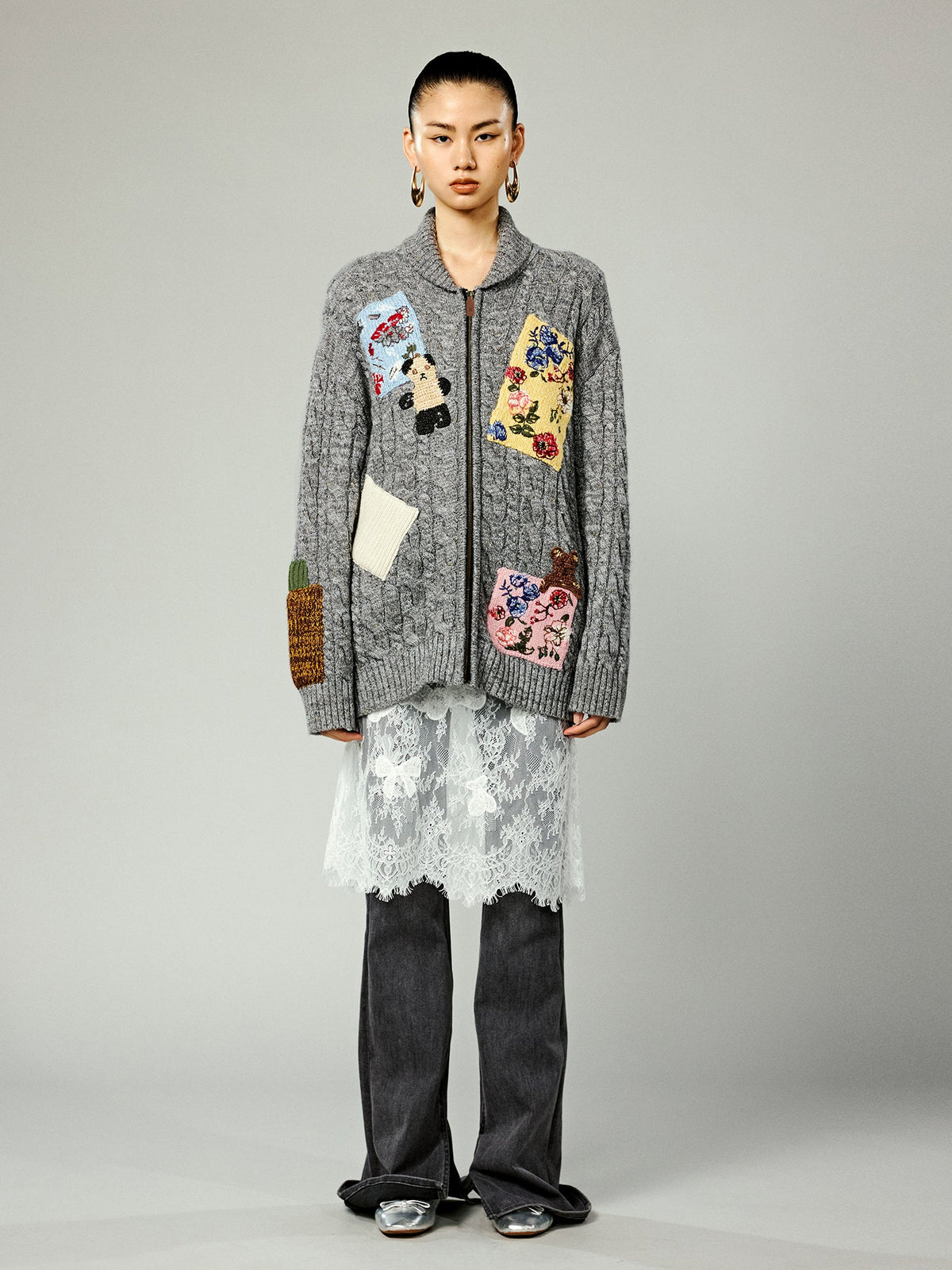 Vintage-inspired patch zip cardigan