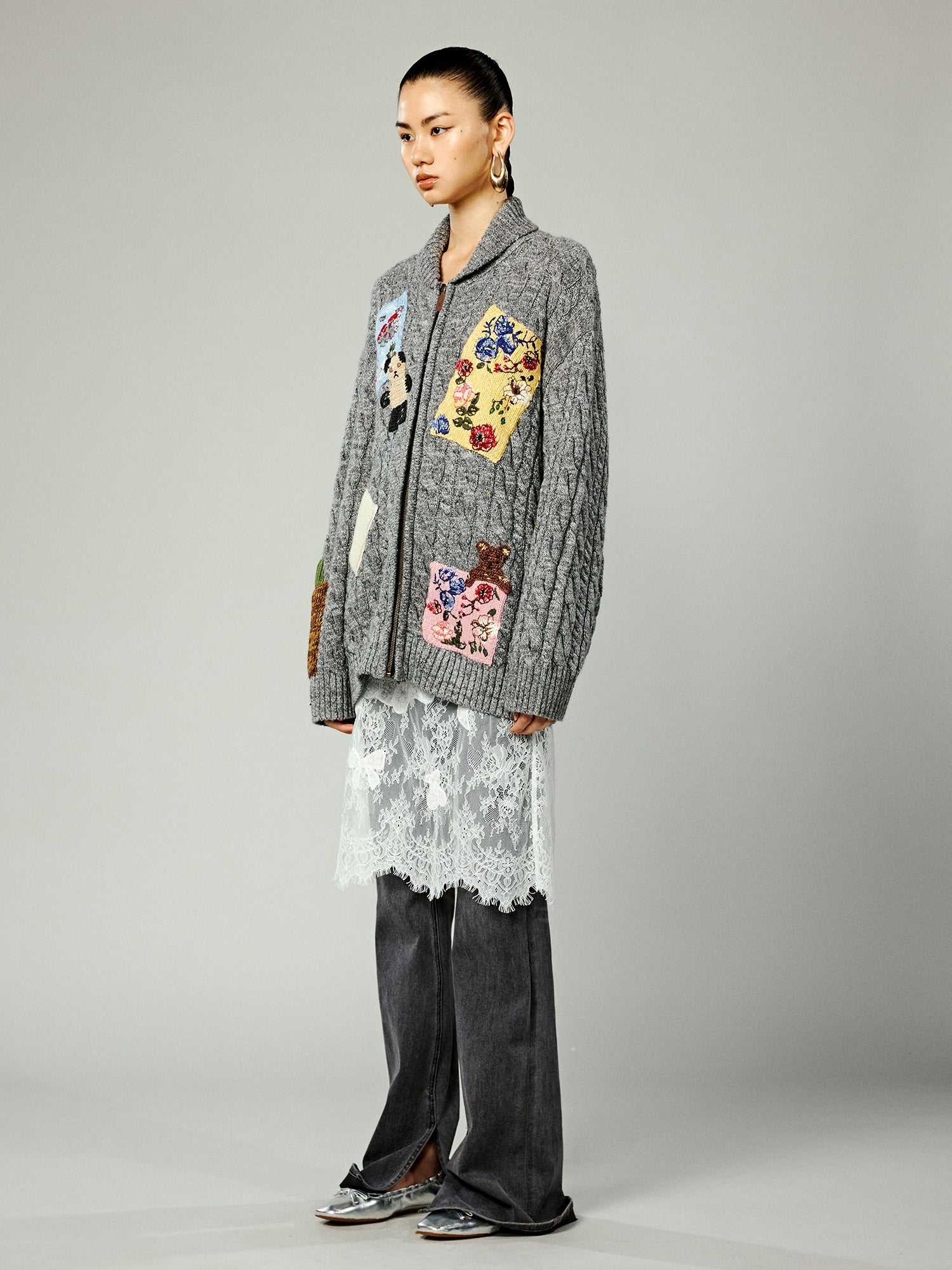 Vintage-inspired patch zip cardigan