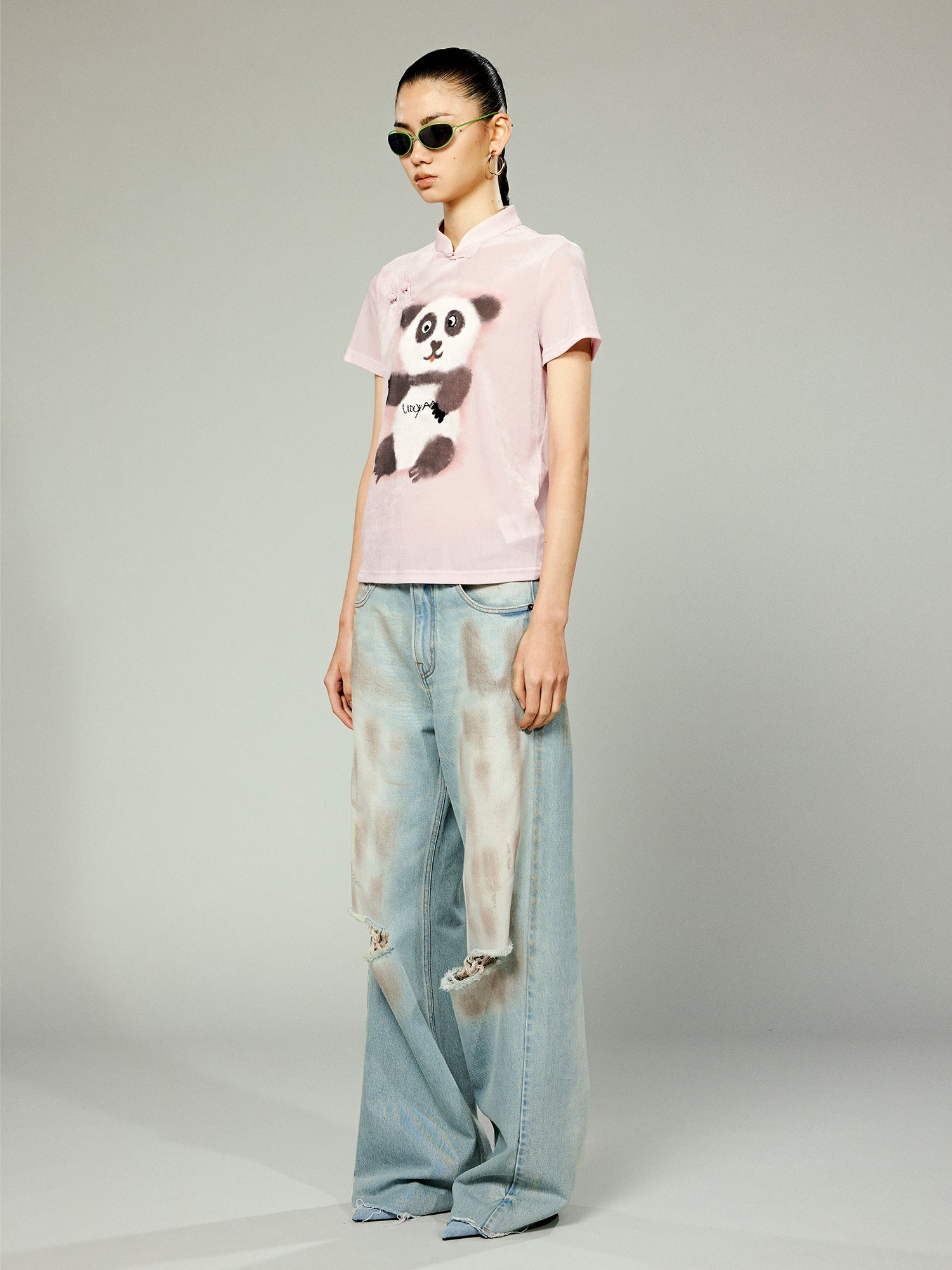 Graffiti Panda New Chinese Style Button-up T-Shirt