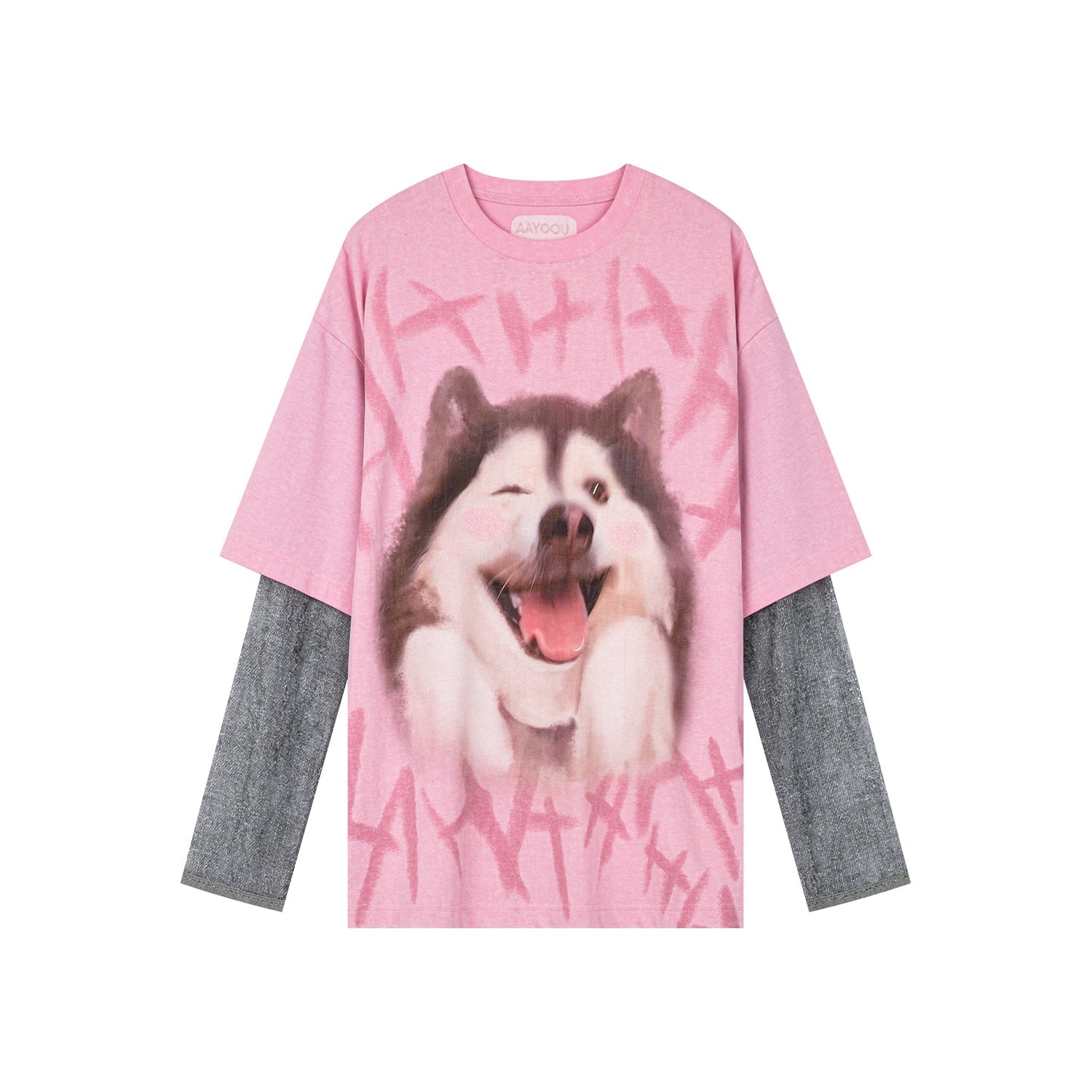Faux Two-piece Style T-shirt With Laughing Dog Print