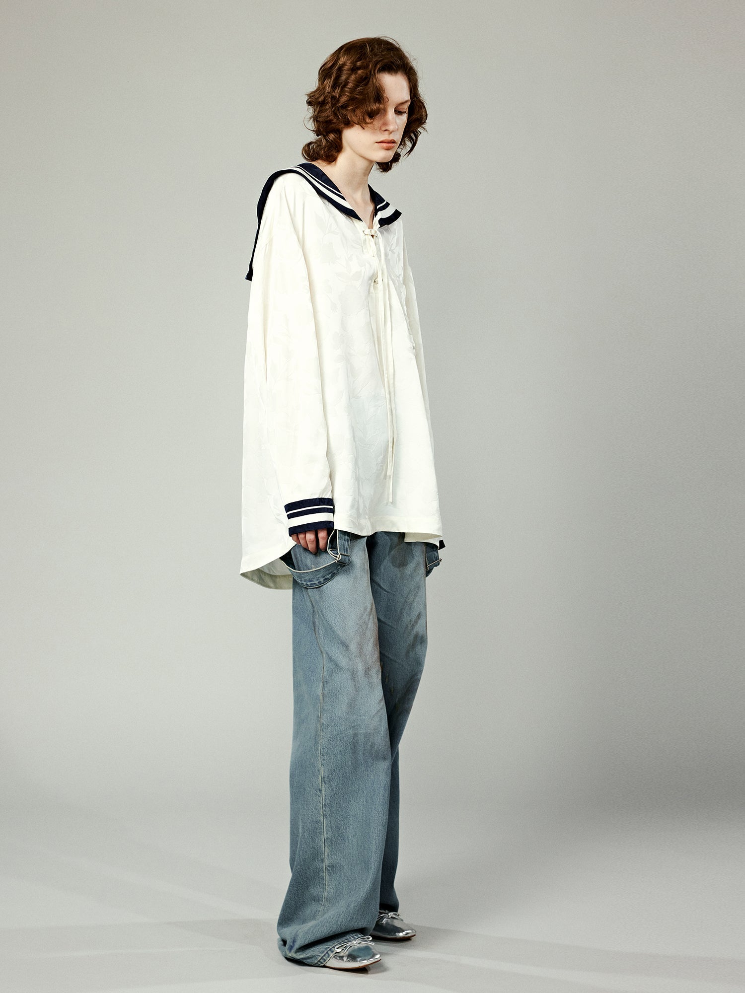 Satin jacquard sailor collar blouse