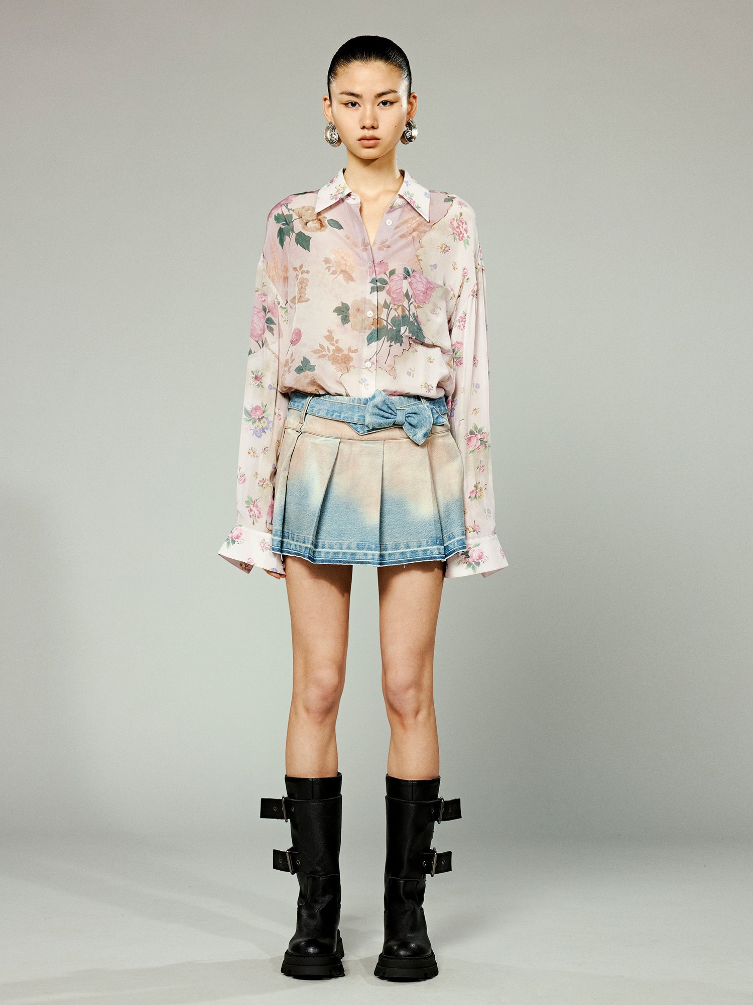 Vintage distressed bow denim pleated skirt