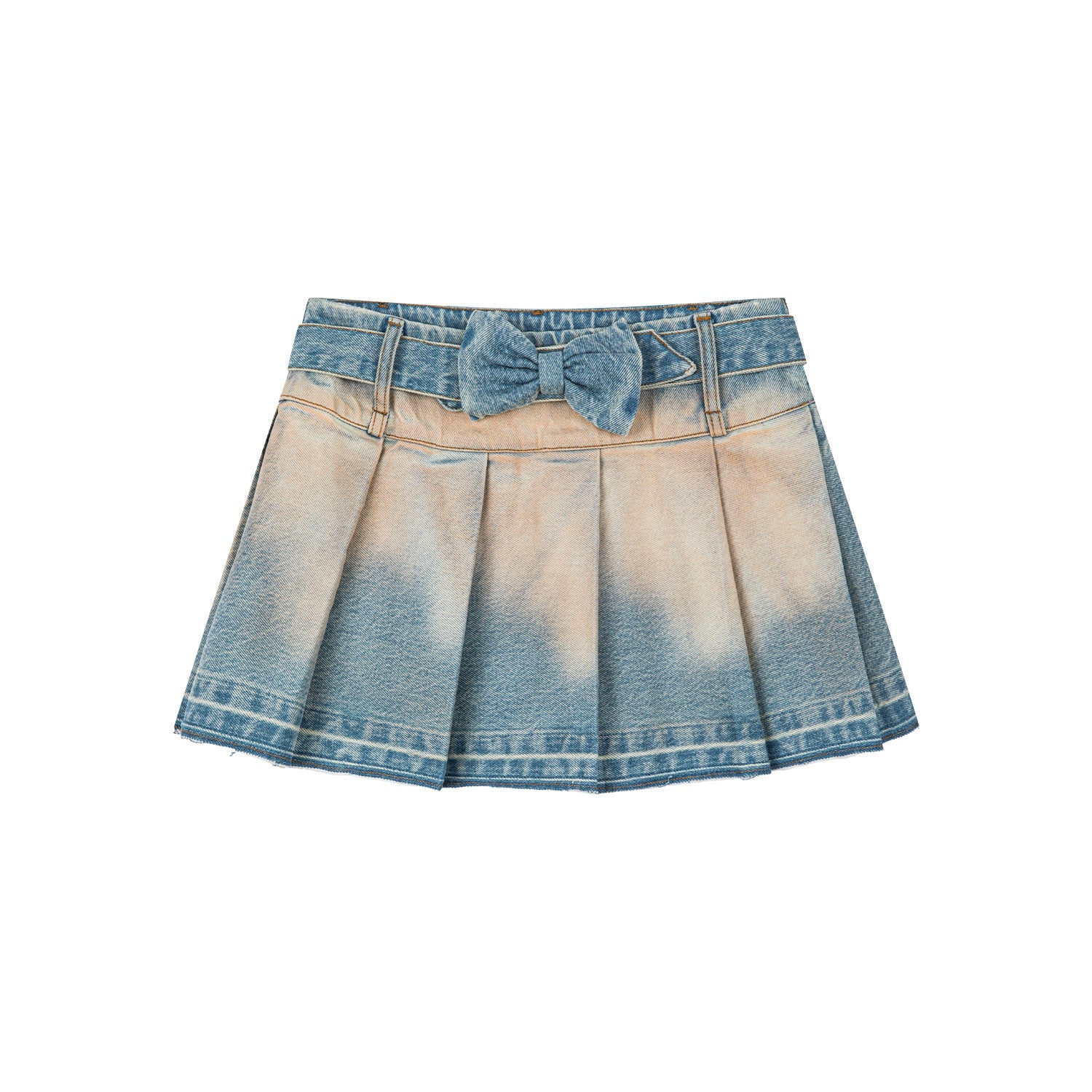 Vintage distressed bow denim pleated skirt