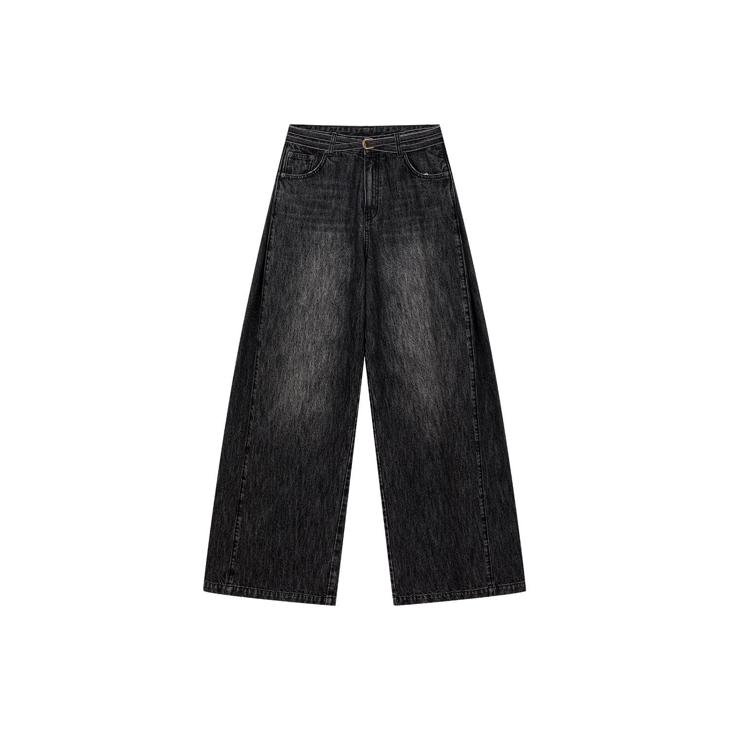 Structured side-pleat belted jeans