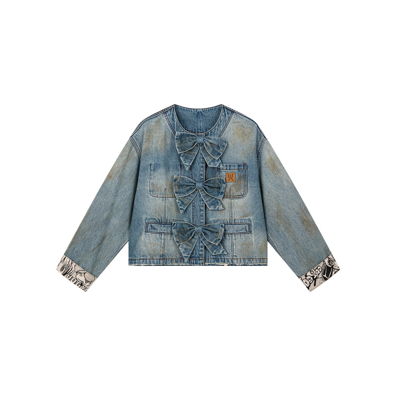 Denim jacket with bow fastenings