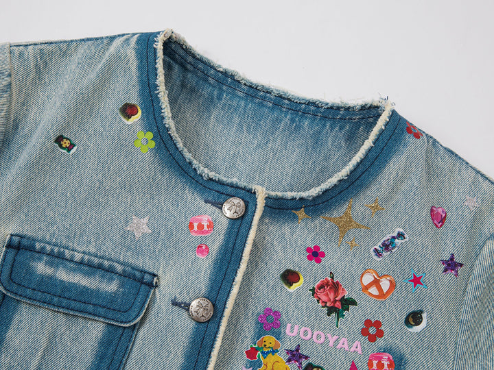 Playful sticker chanel style denim jacket