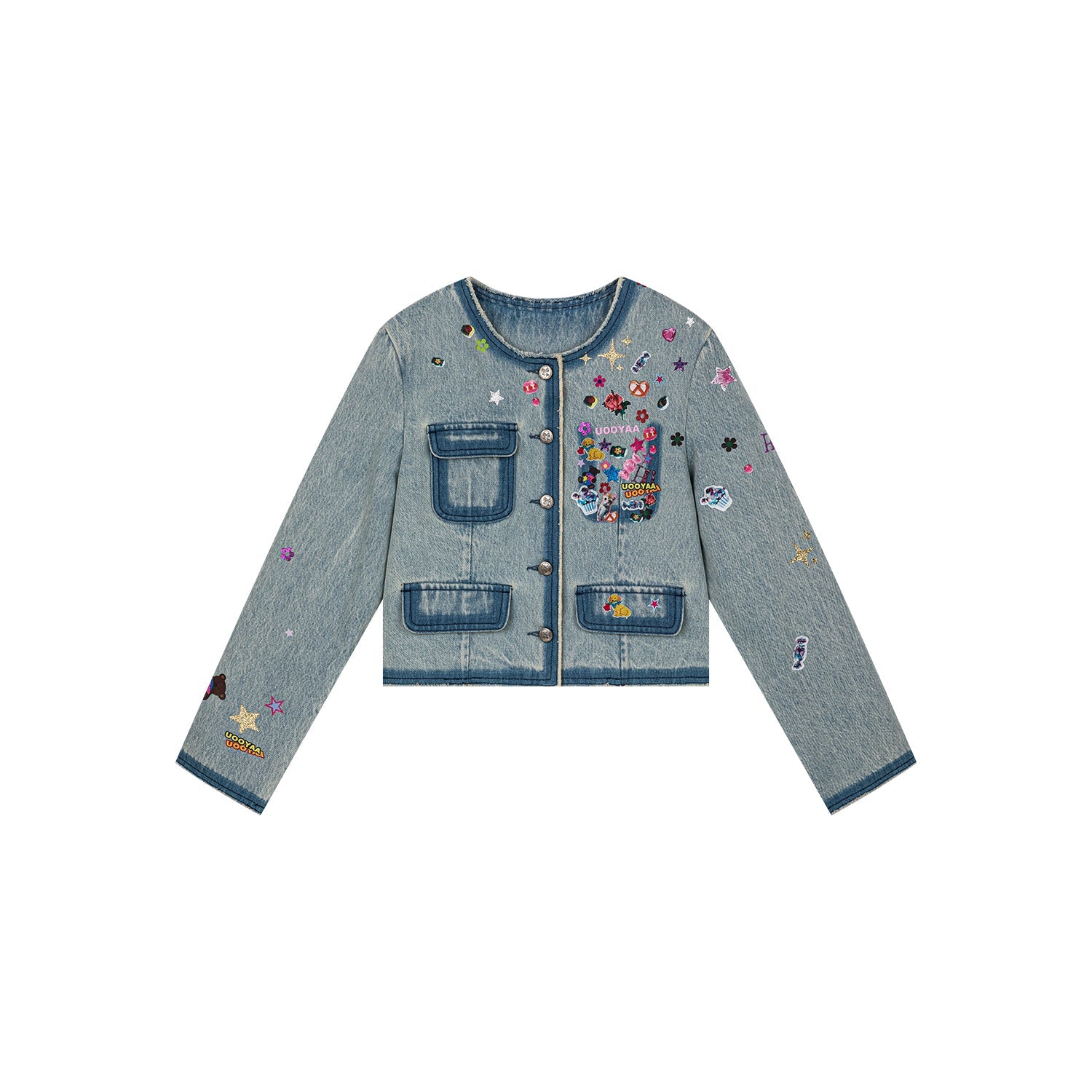 Playful sticker chanel style denim jacket