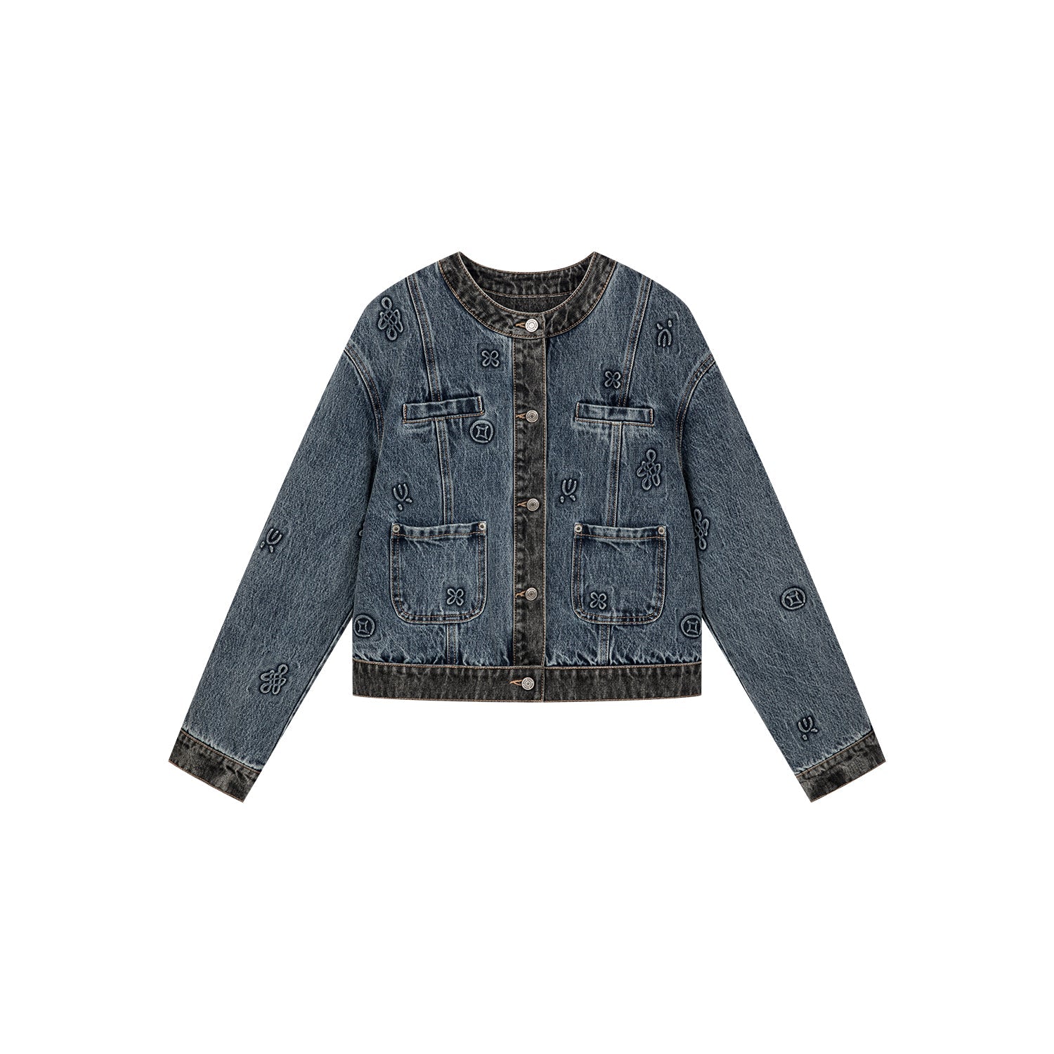 Chinese-style denim collarless jacket