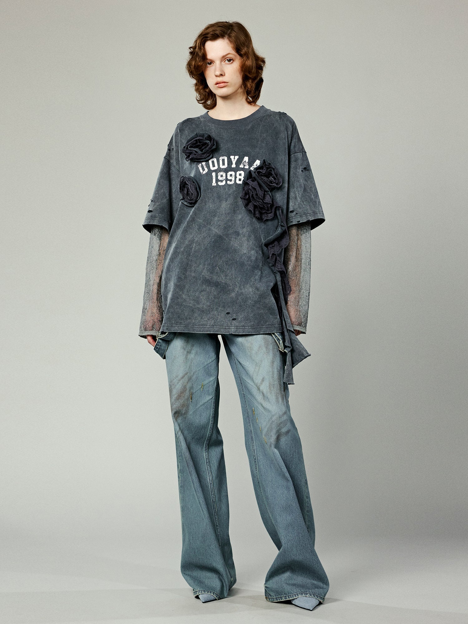 Distressed faux layered varsity t-shirt