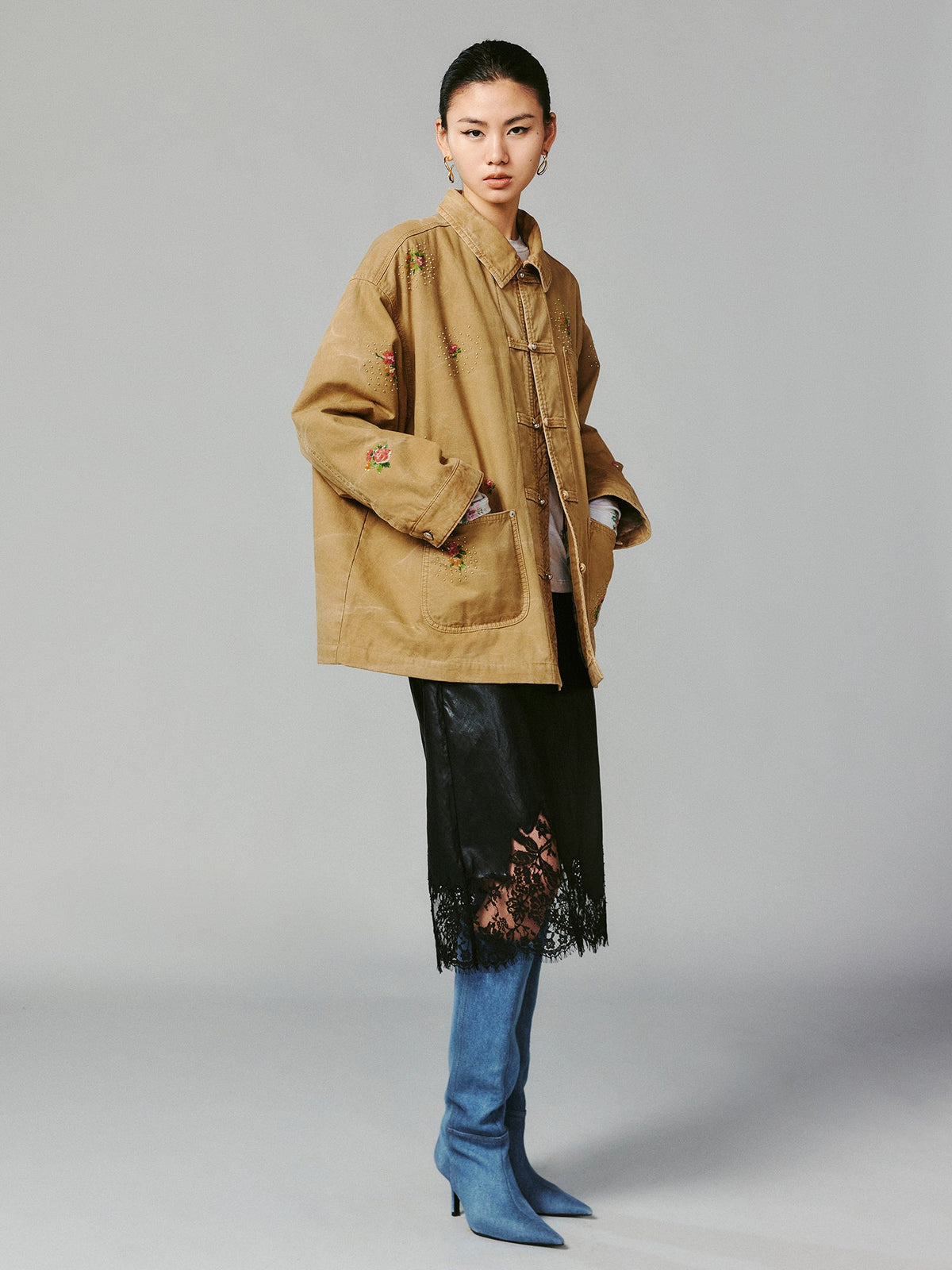 Floral embroidered and beaded workwear jacket
