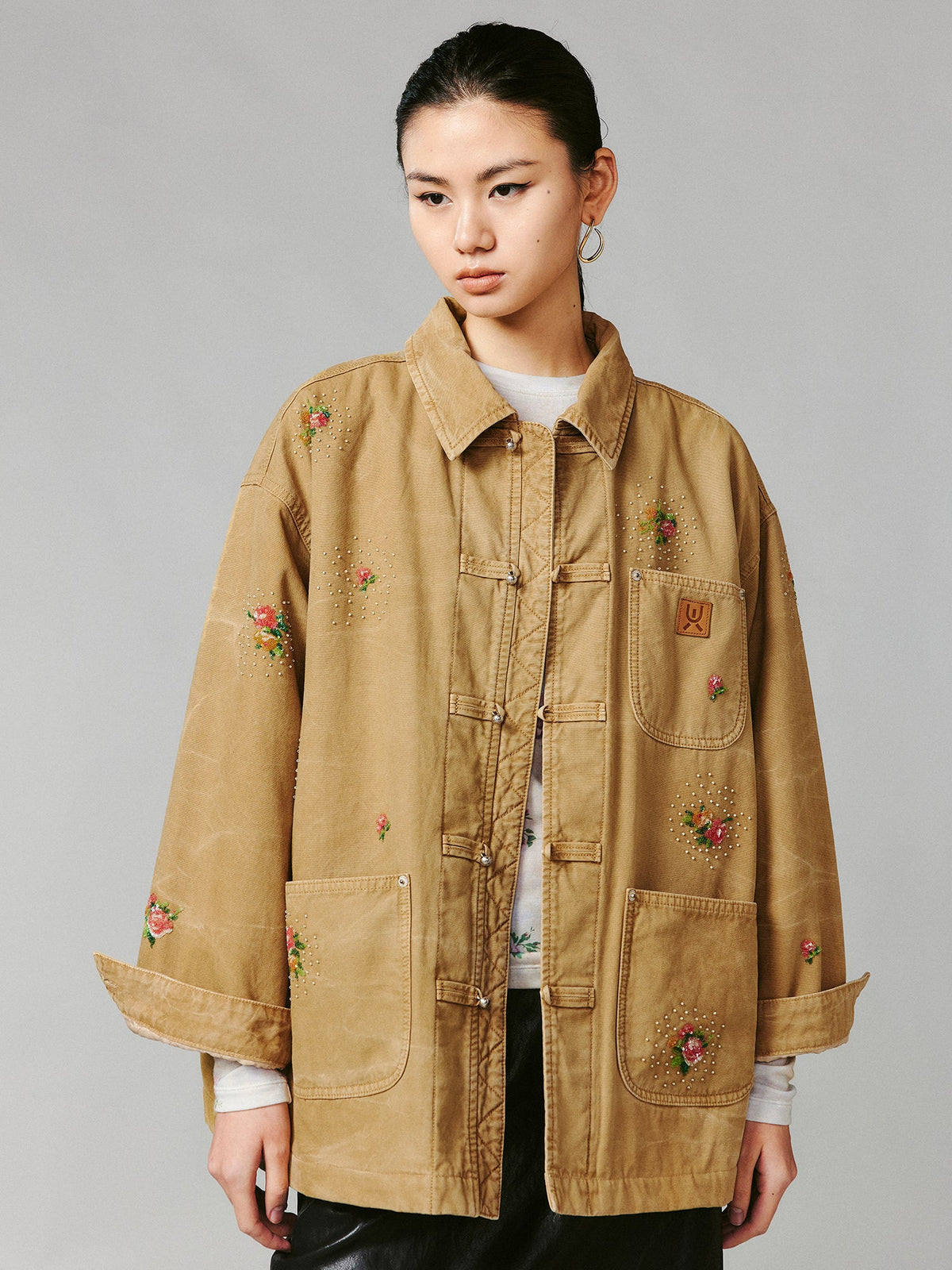 Floral embroidered and beaded workwear jacket
