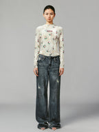Floral crushed velvet mock-neck top
