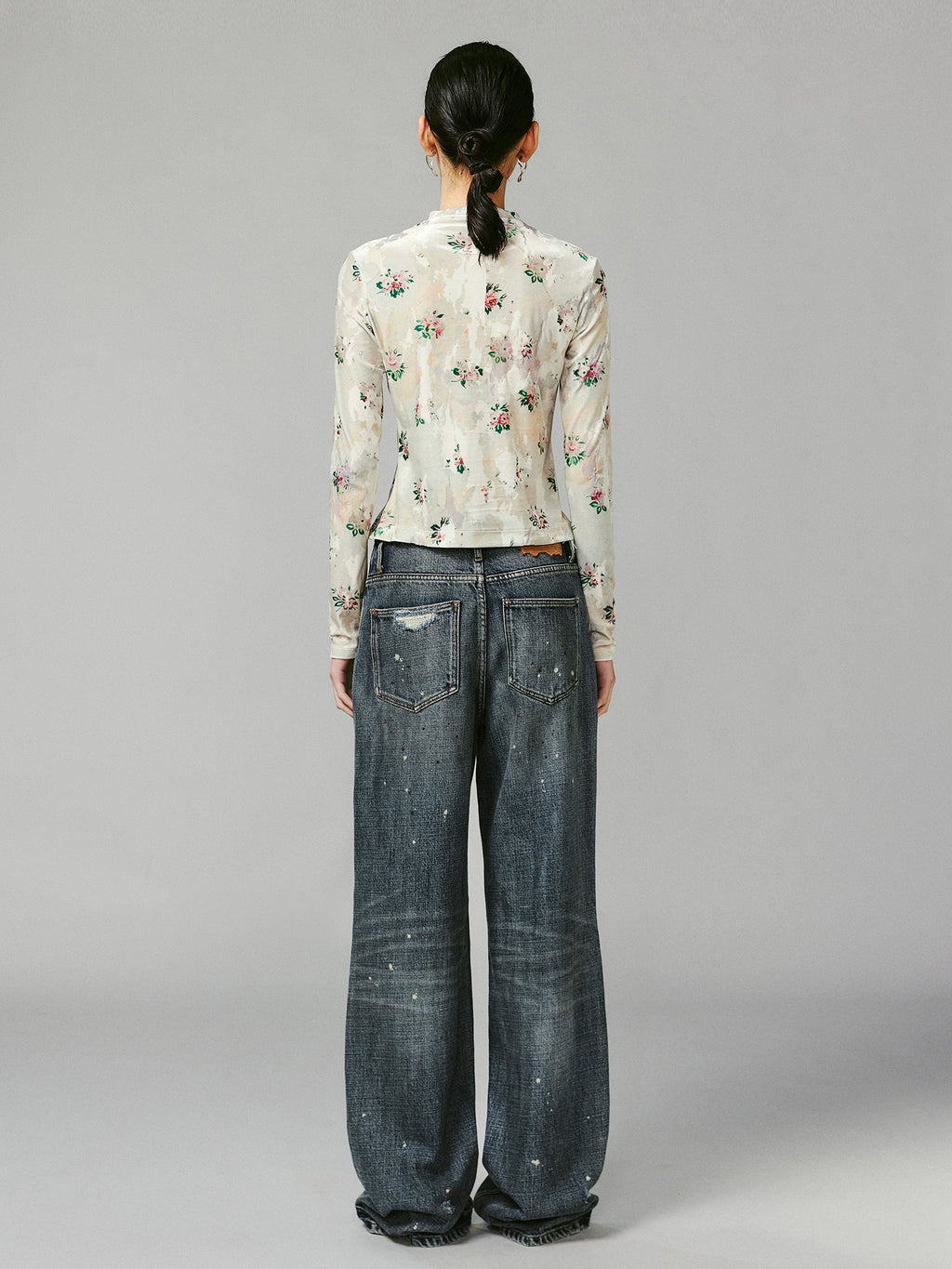 Floral crushed velvet mock-neck top