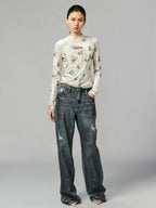 Floral crushed velvet mock-neck top