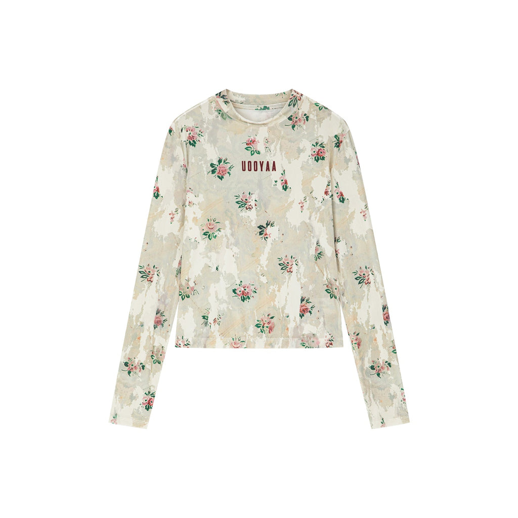 Floral crushed velvet mock-neck top