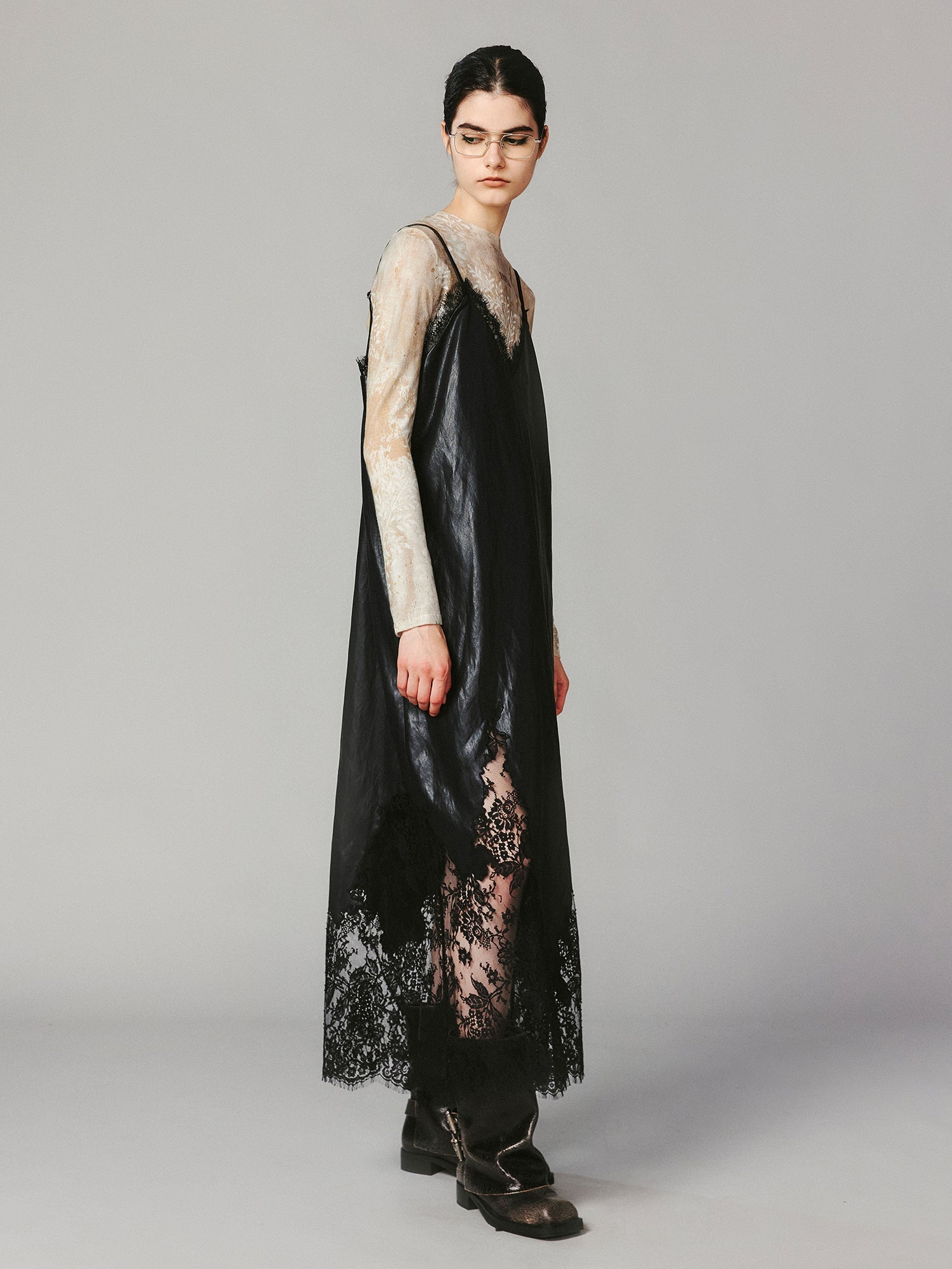 Lace-paneled PU leather camisole dress