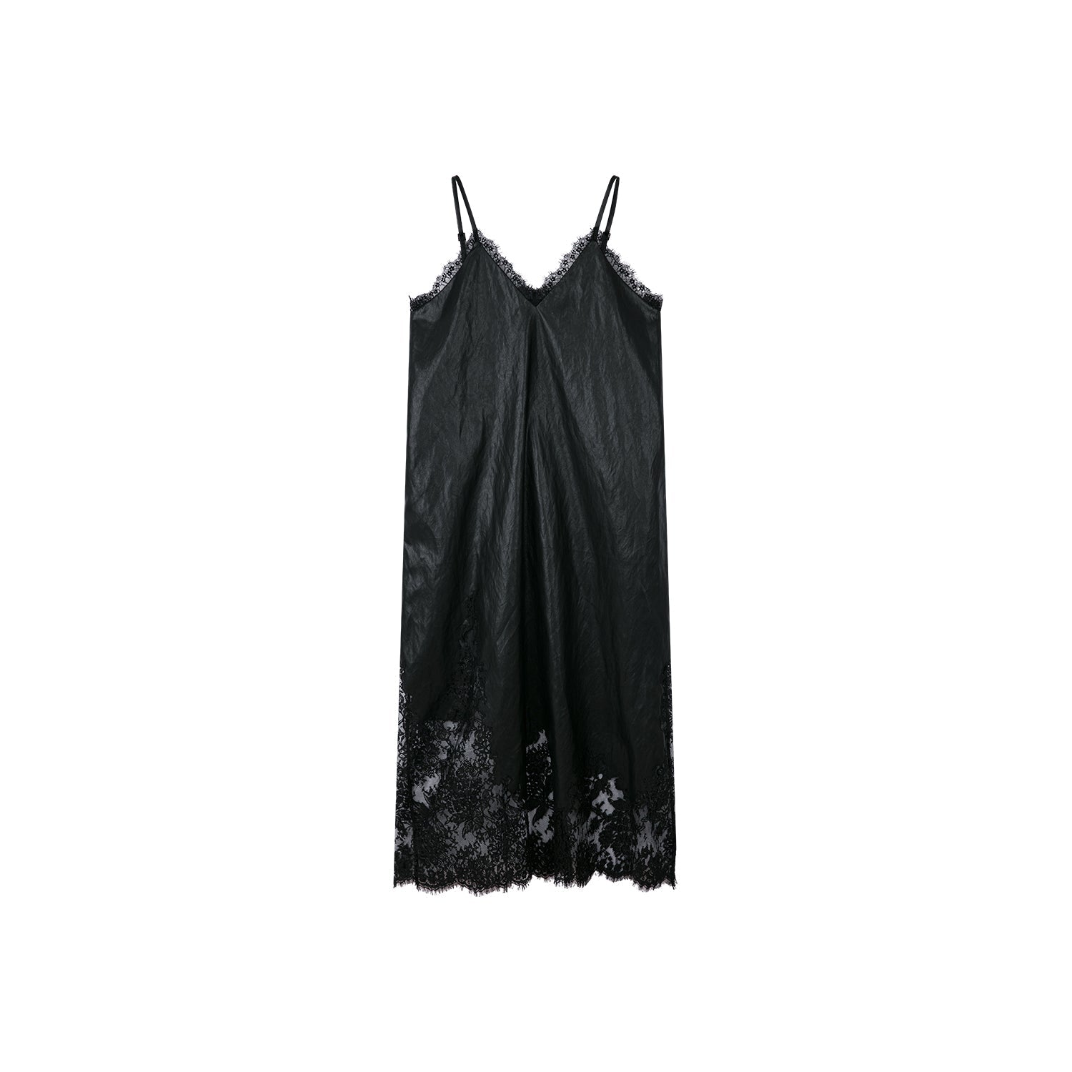 Lace-paneled PU leather camisole dress