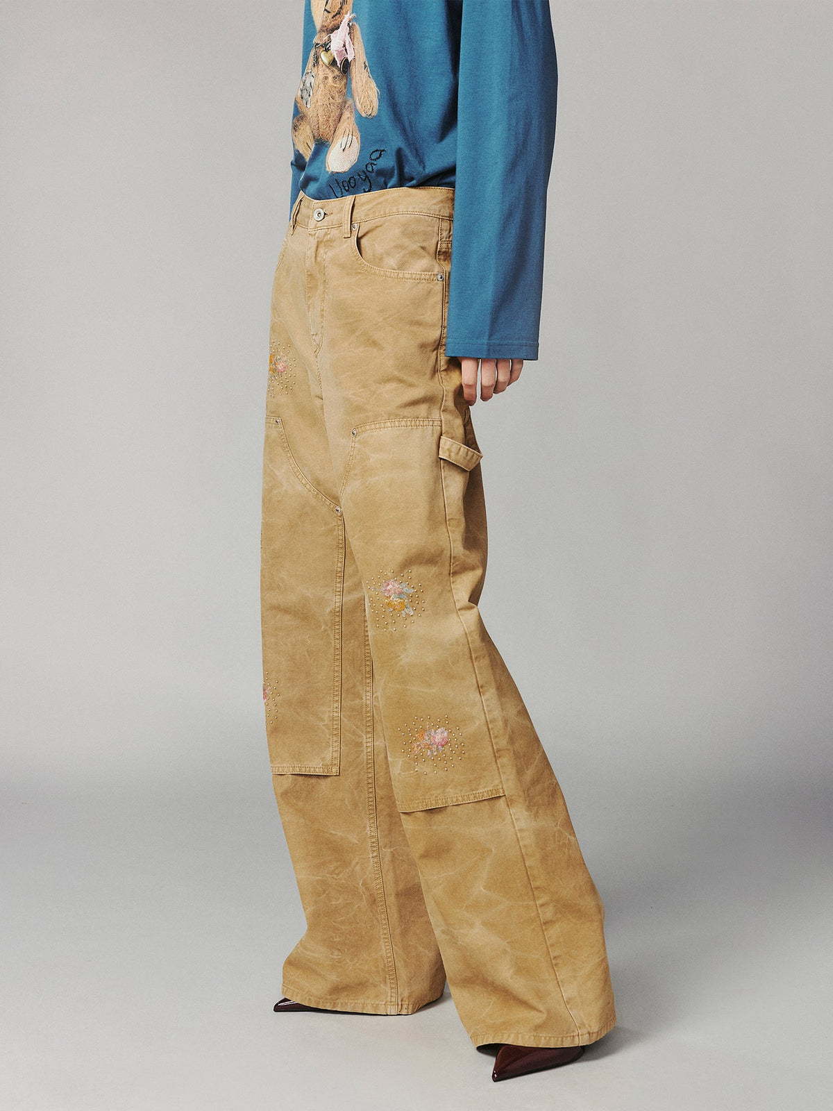 Floral embroidered and beaded workwear pants