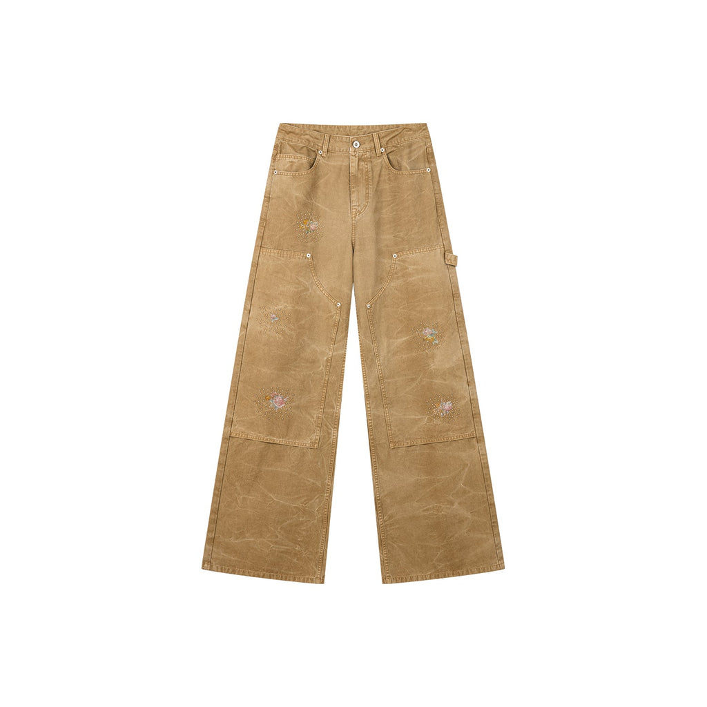 Floral embroidered and beaded workwear pants