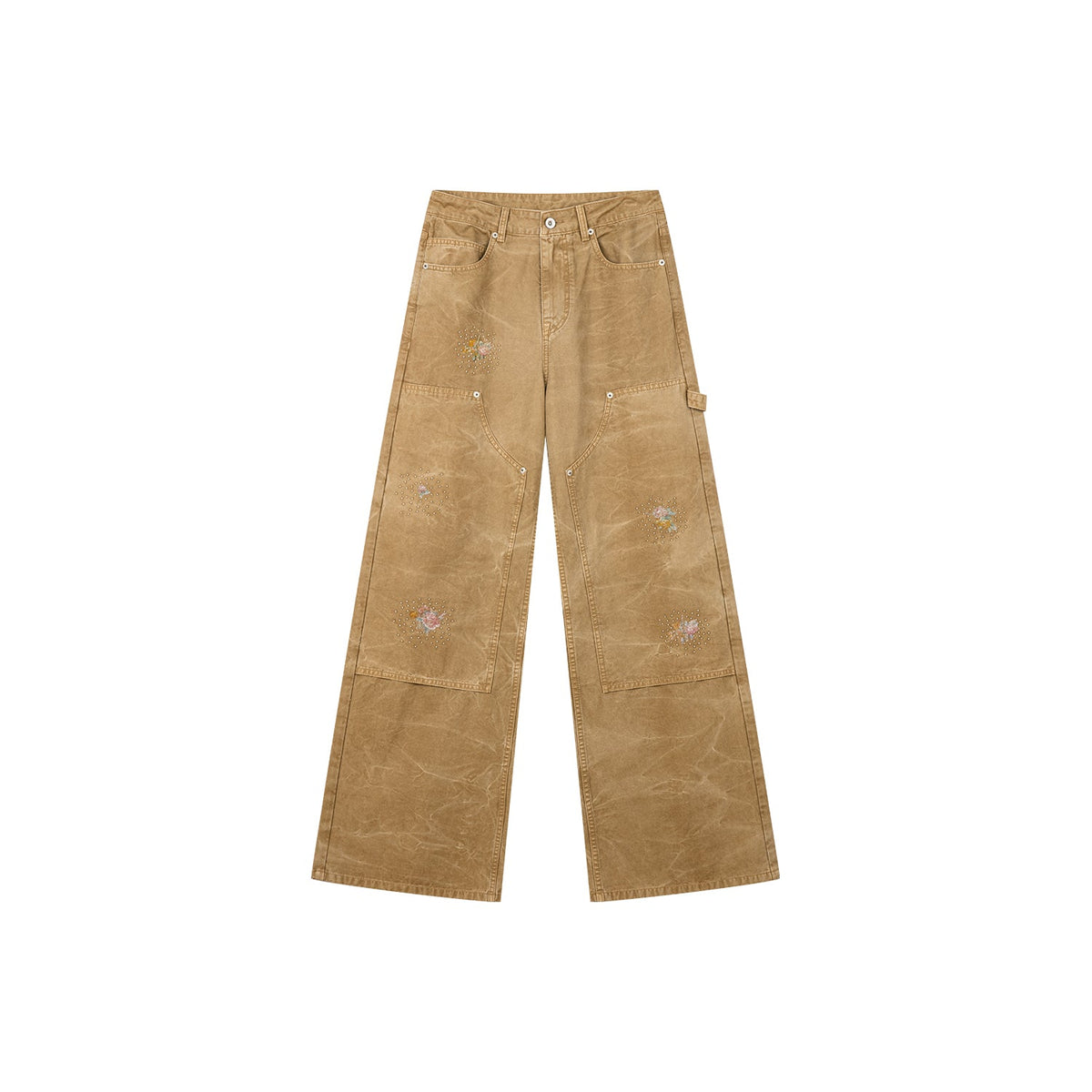 Floral embroidered and beaded workwear pants