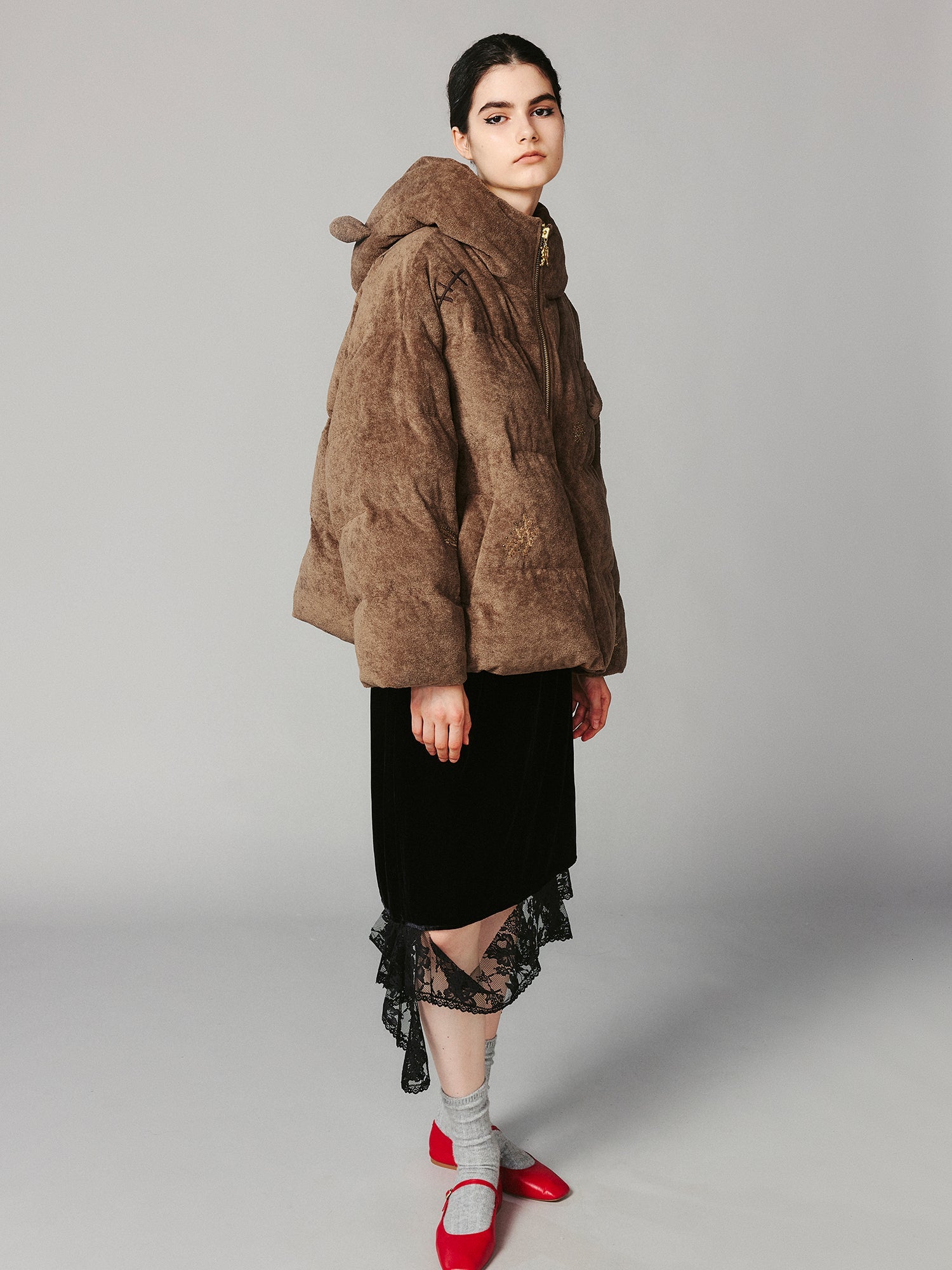 Retro plush bear hooded puffer jacket