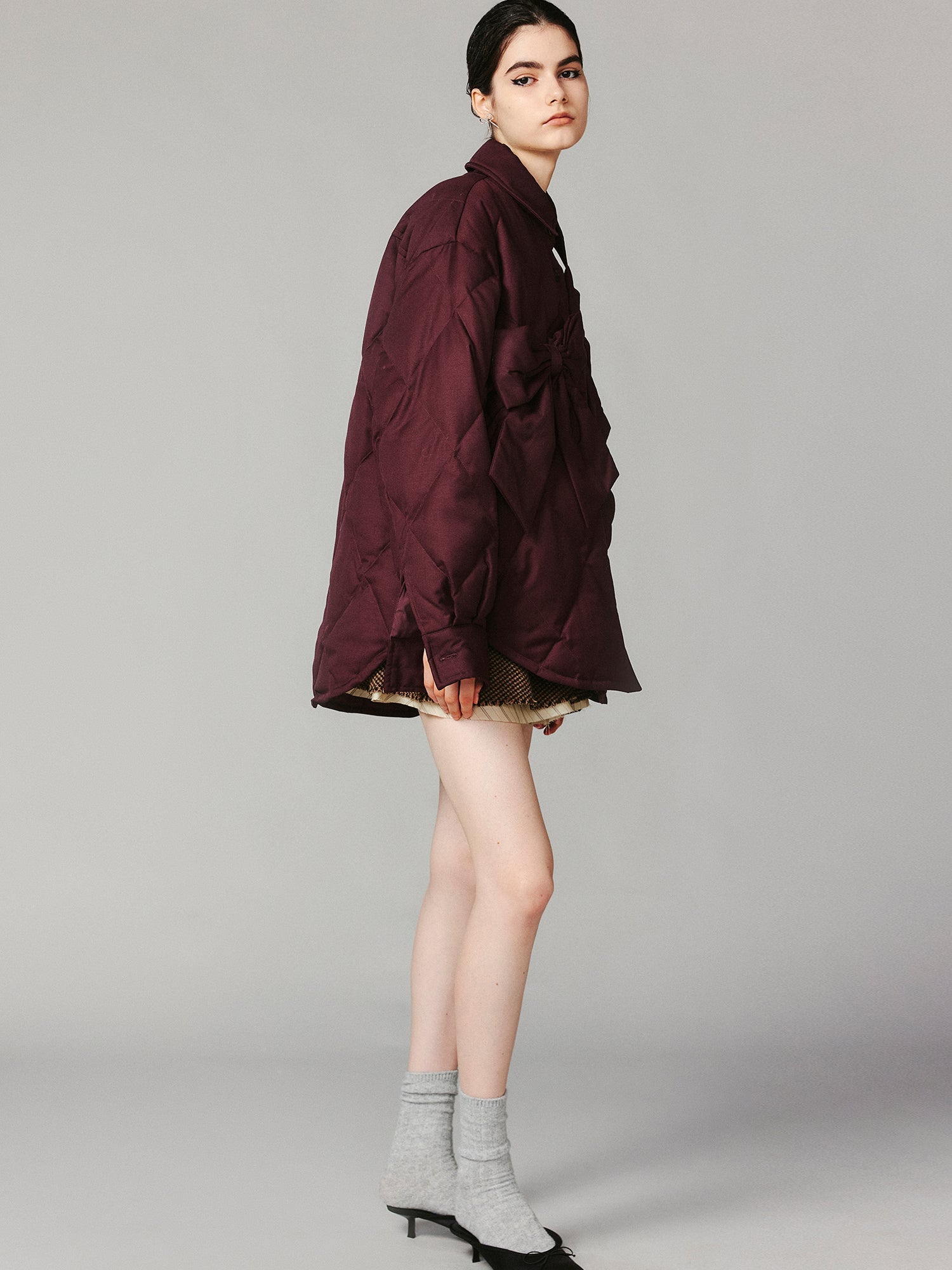 Bow shirt-style puffer jacket