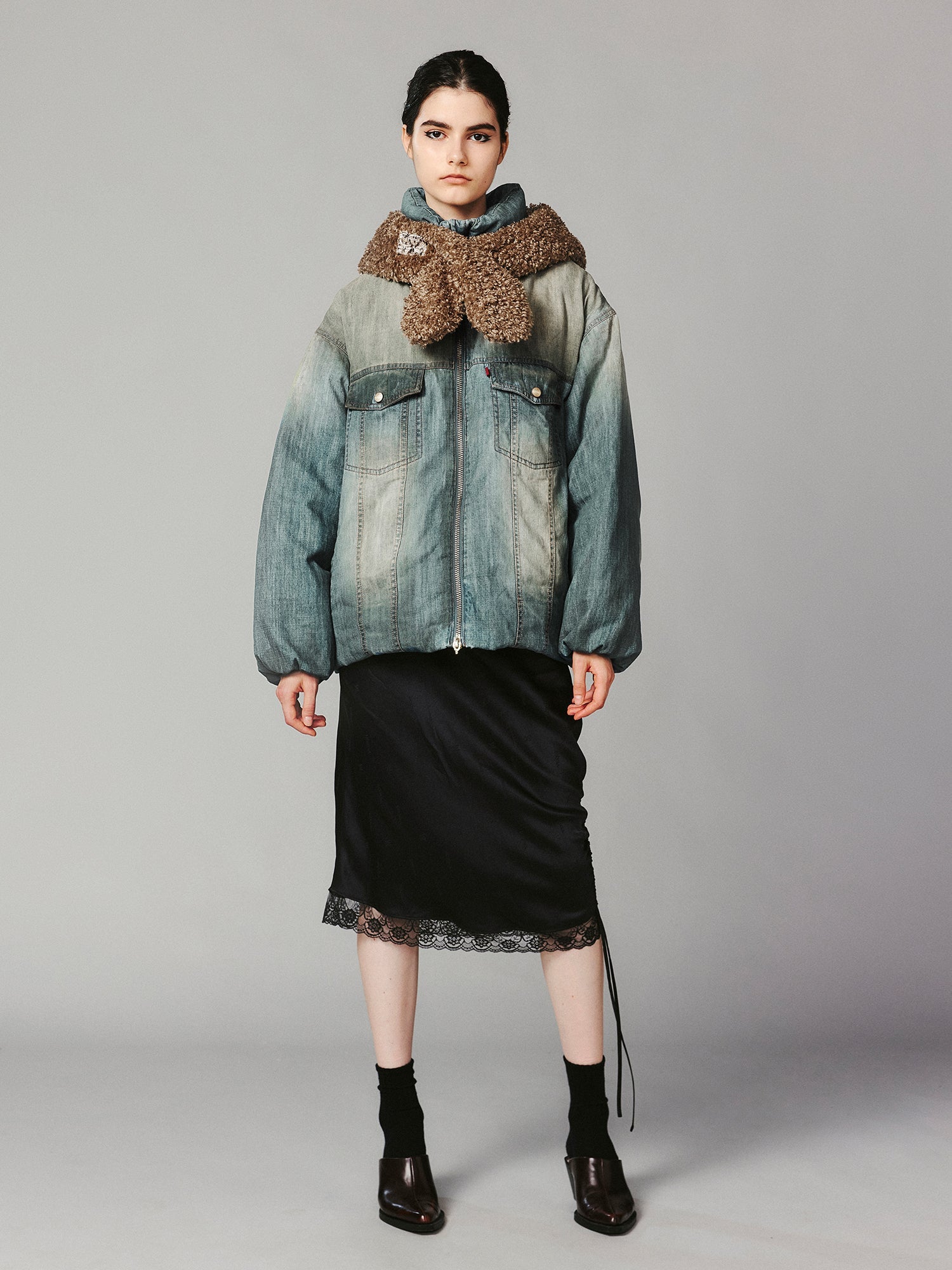 Vintage teddy bear denim puffer jacket