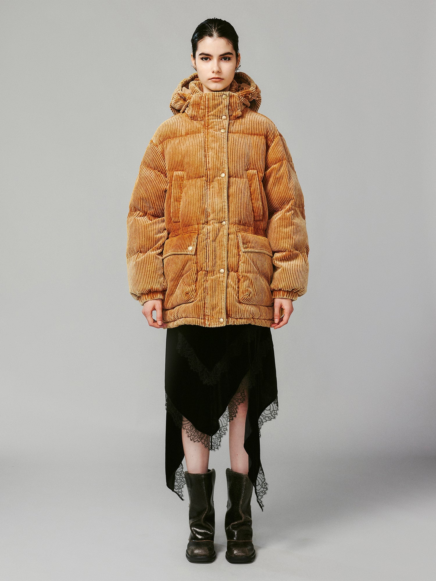 Corduroy hooded puffer jacket