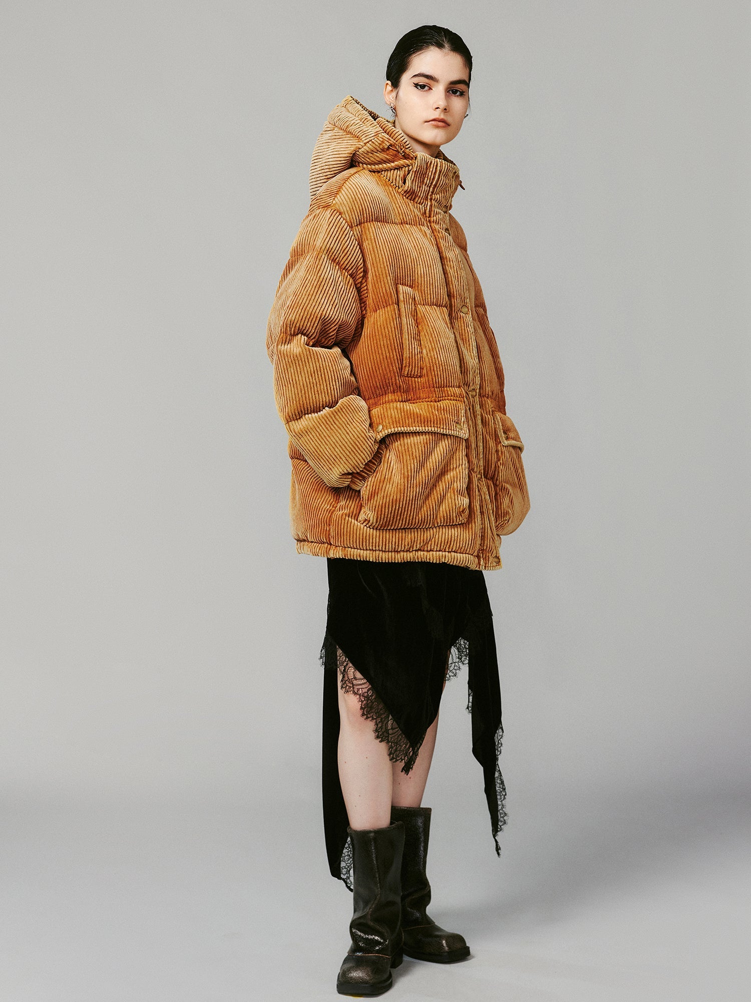 Corduroy hooded puffer jacket