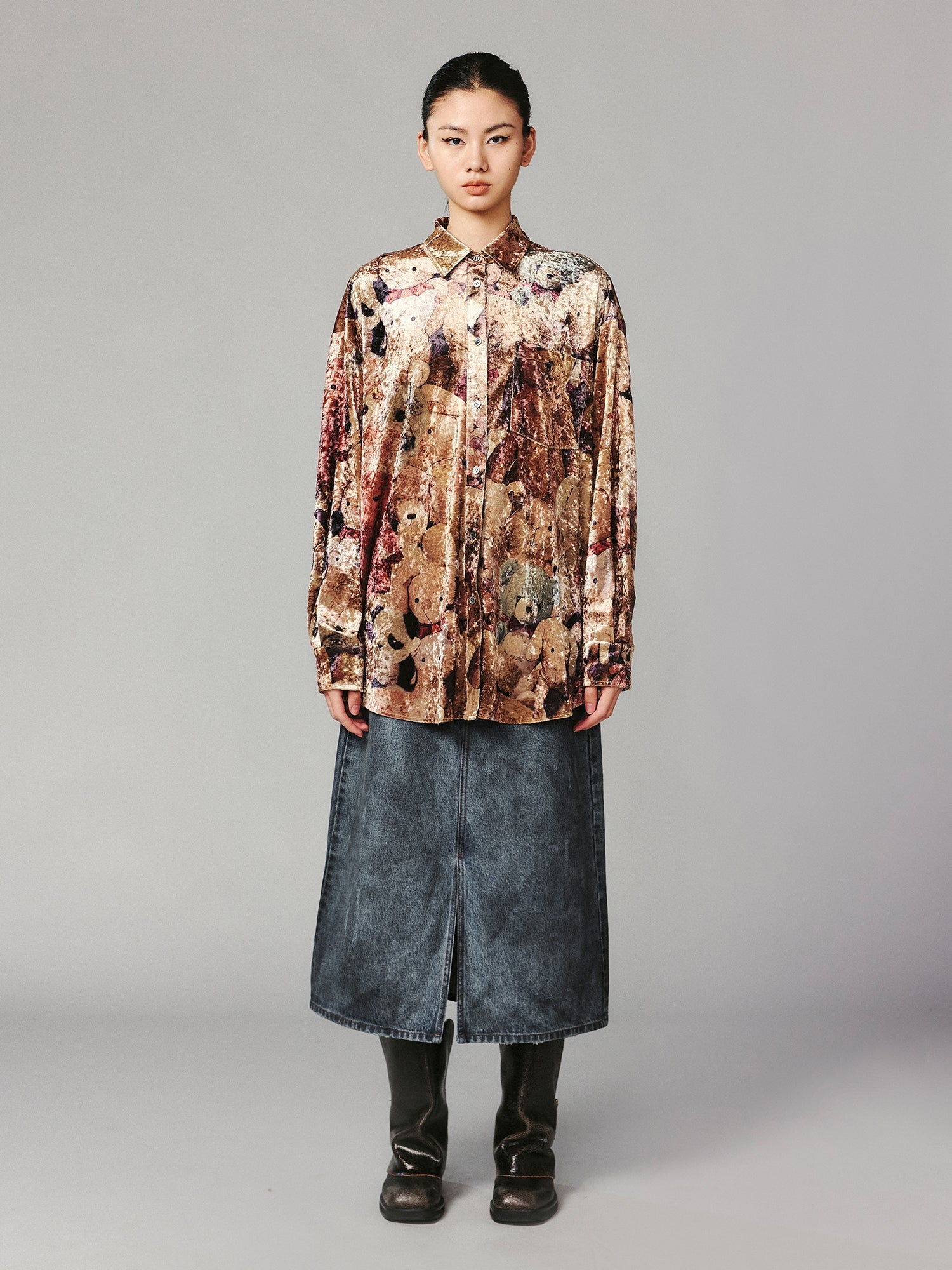 Velvet printed shirt brimming with vintage plush toys