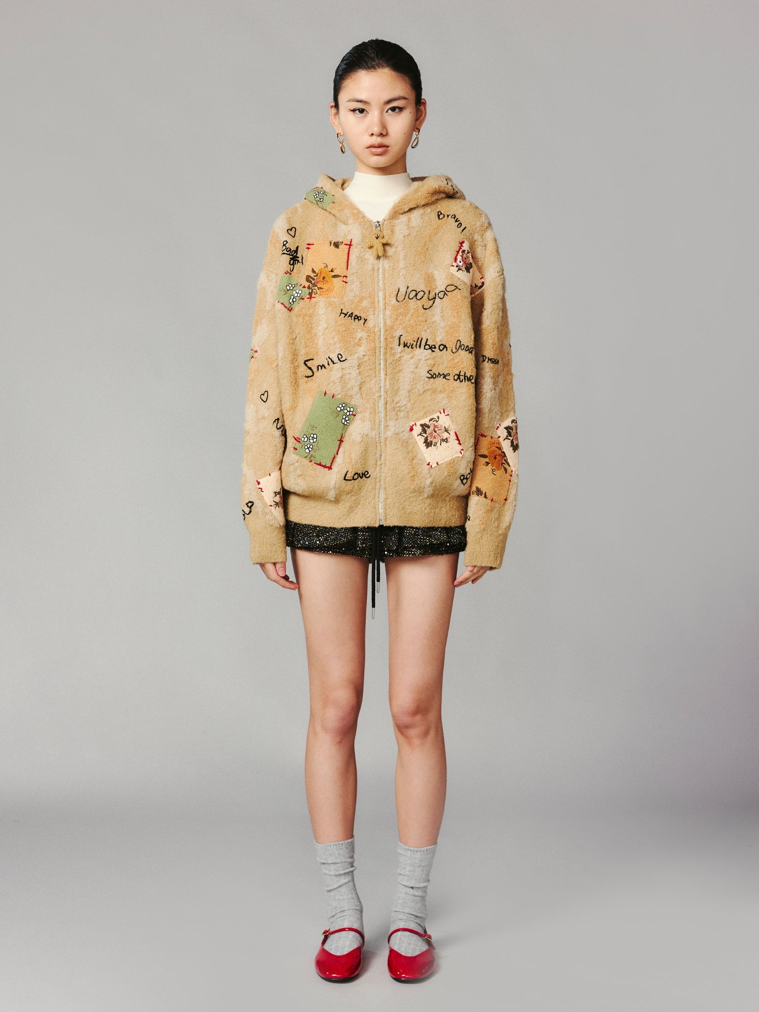 Patchwork teddy bear hooded knit cardigan