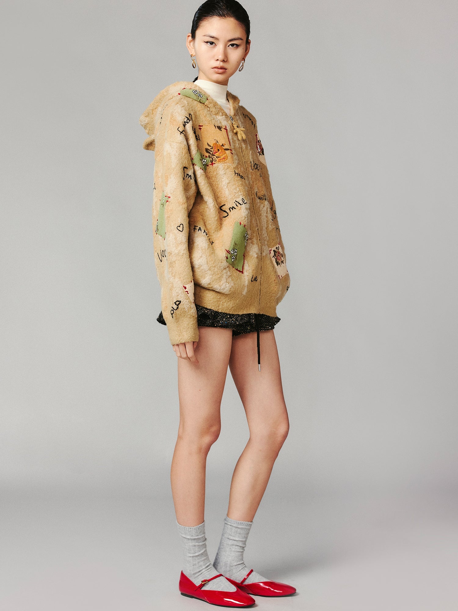 Patchwork teddy bear hooded knit cardigan