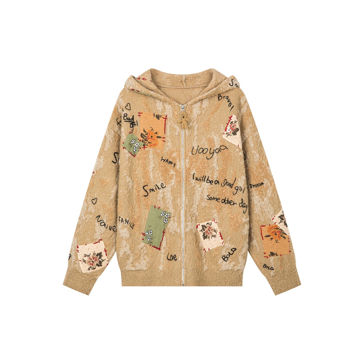 Patchwork teddy bear hooded knit cardigan