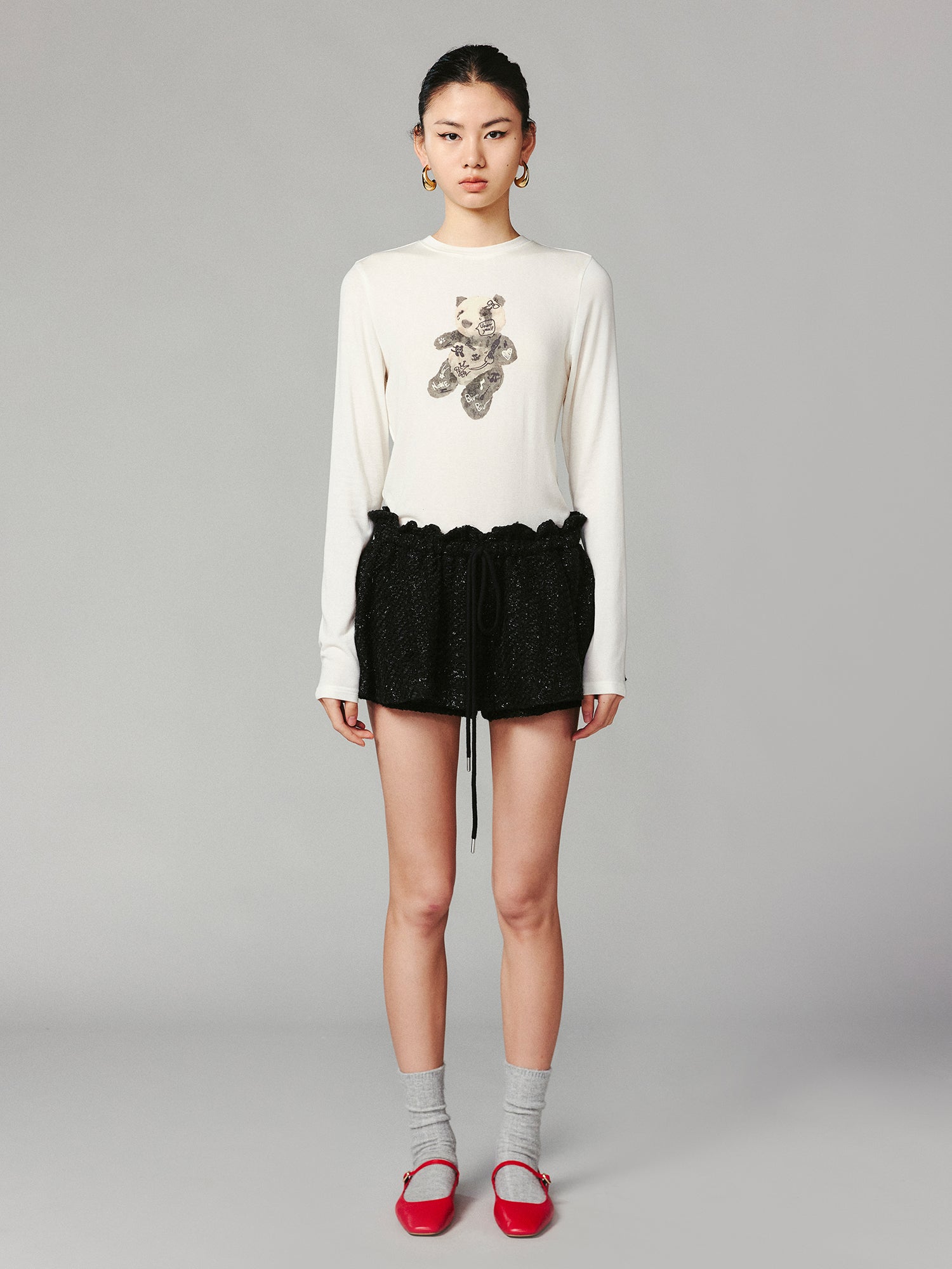 Panda plush print long-sleeve T-shirt