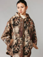 Hooded reversible blanket jacket covered with vintage plush toys