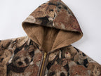 Hooded reversible blanket jacket covered with vintage plush toys