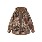 Hooded reversible blanket jacket covered with vintage plush toys