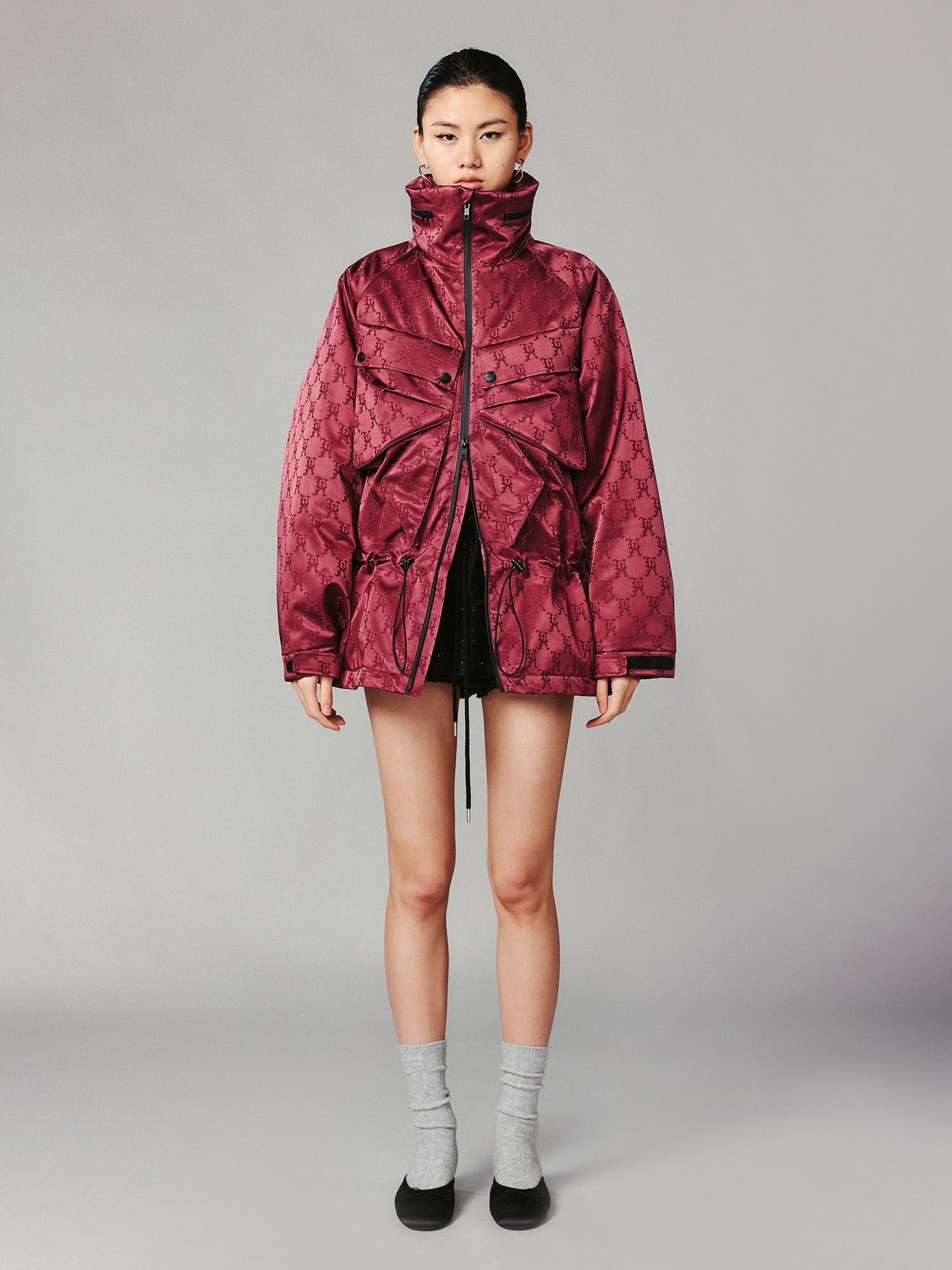 Bow satin jacquard functional puffer