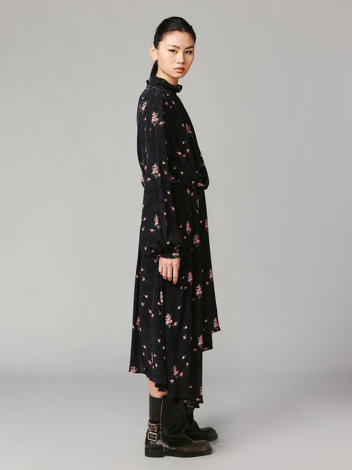 The European wallpaper-inspired floral high-neck dress
