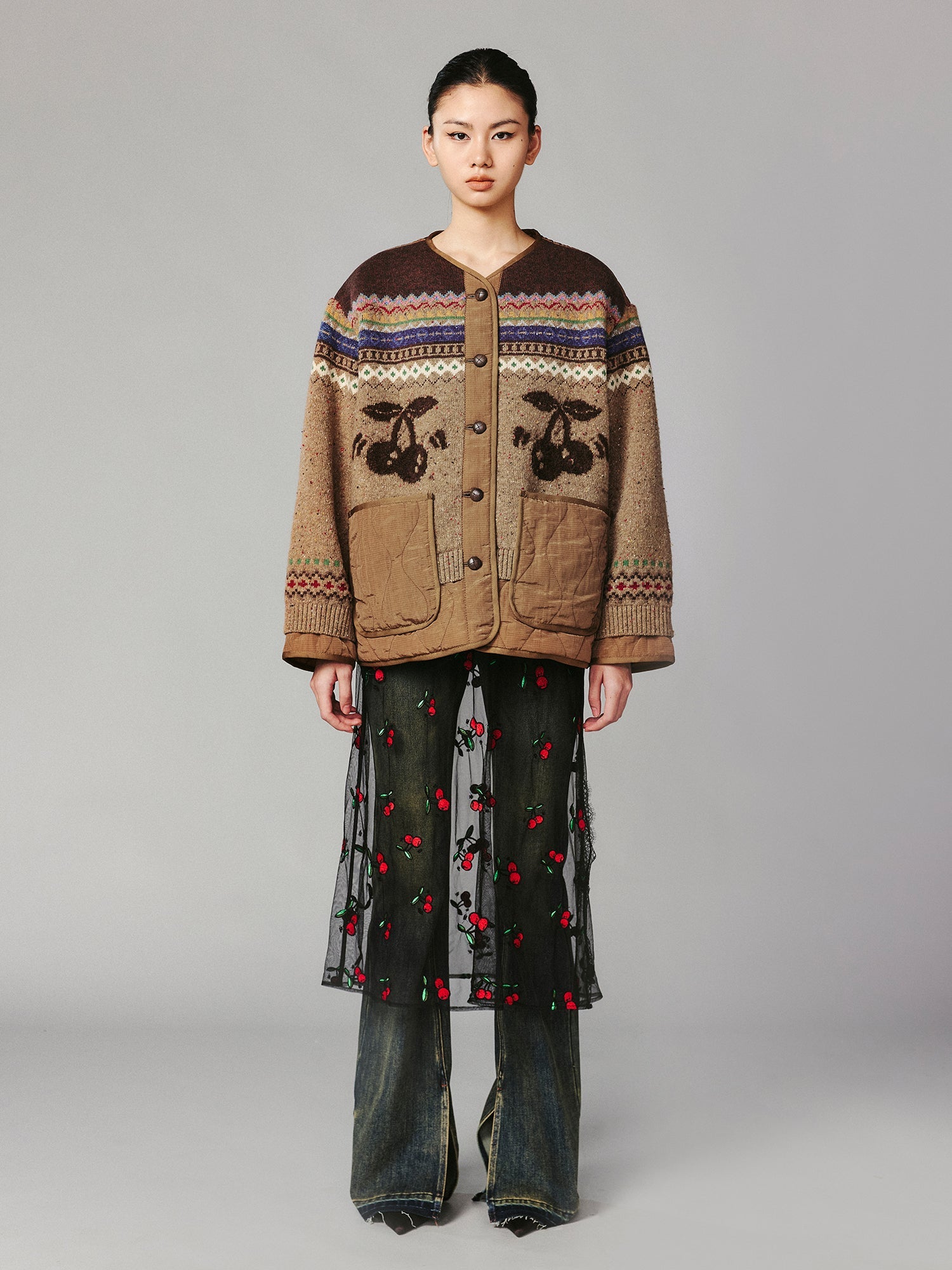 Dynamic cherry fair isle cotton coat cardigan