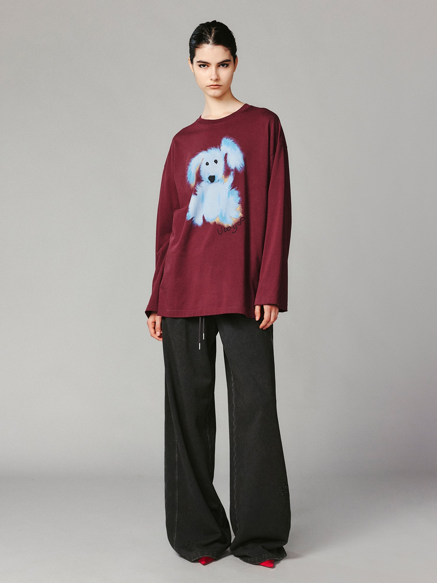 Fluffy dog print long-sleeve T-shirt