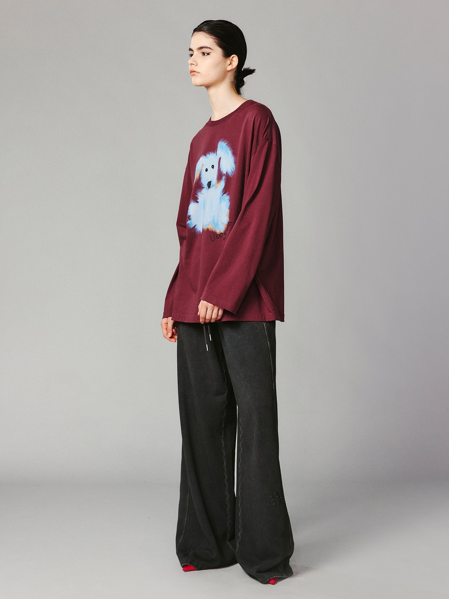 Fluffy dog print long-sleeve T-shirt