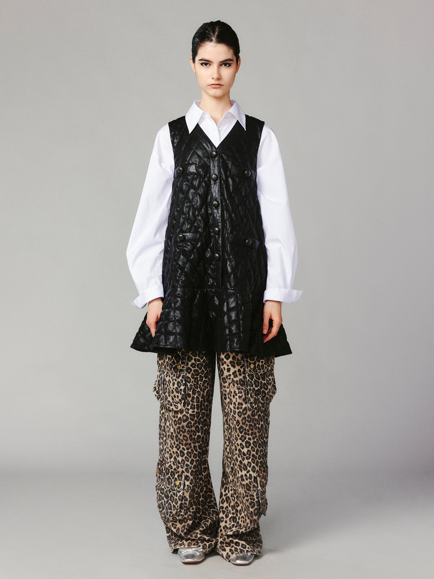 PU ruffled hem vest dress