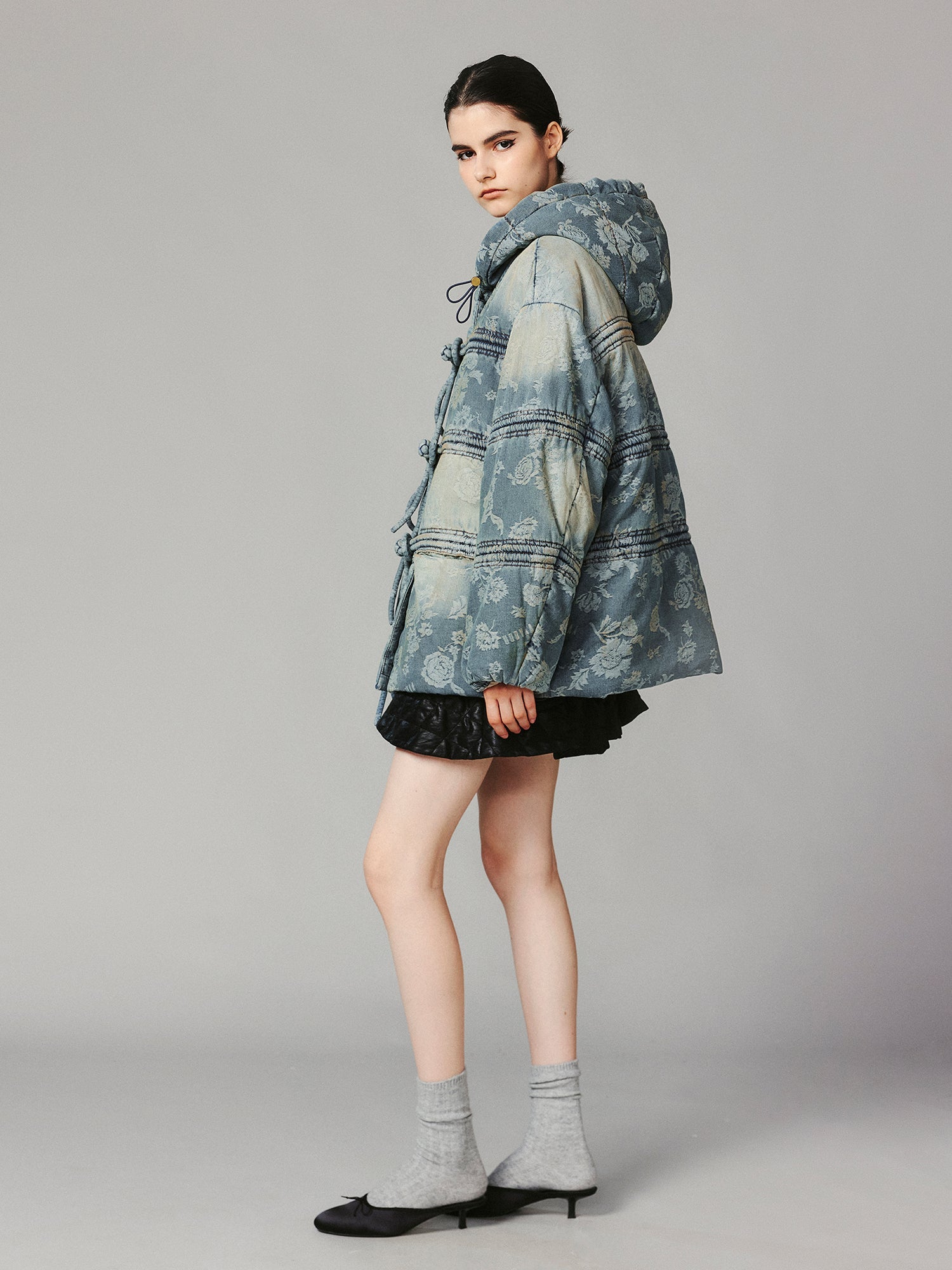 Frog button denim jacquard puffer jacket