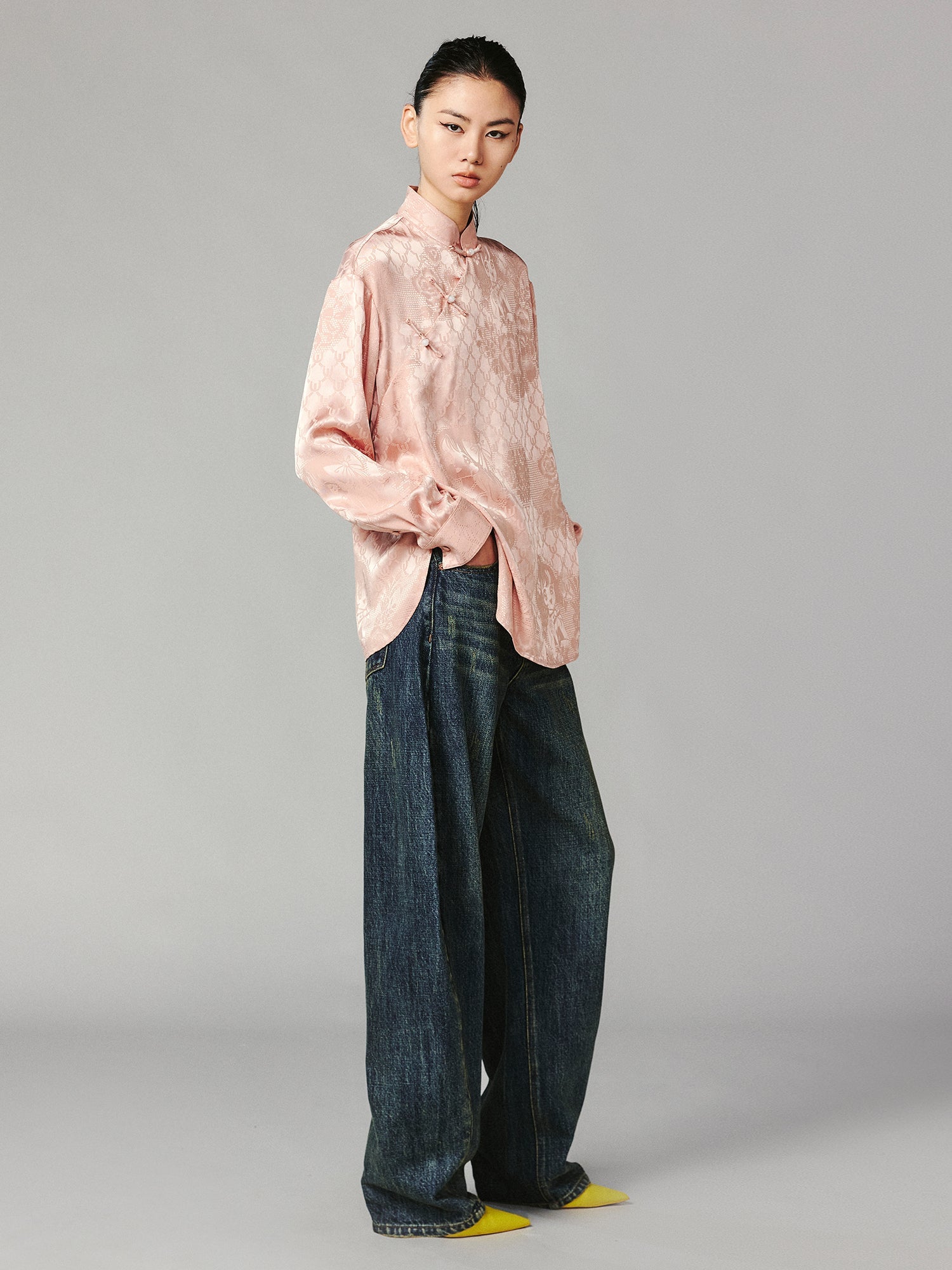 Vintage anime girl satin jacquard asymmetrical placket mandarin collar shirt