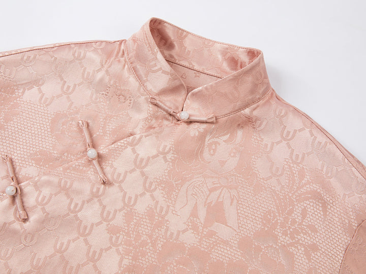 Vintage anime girl satin jacquard asymmetrical placket mandarin