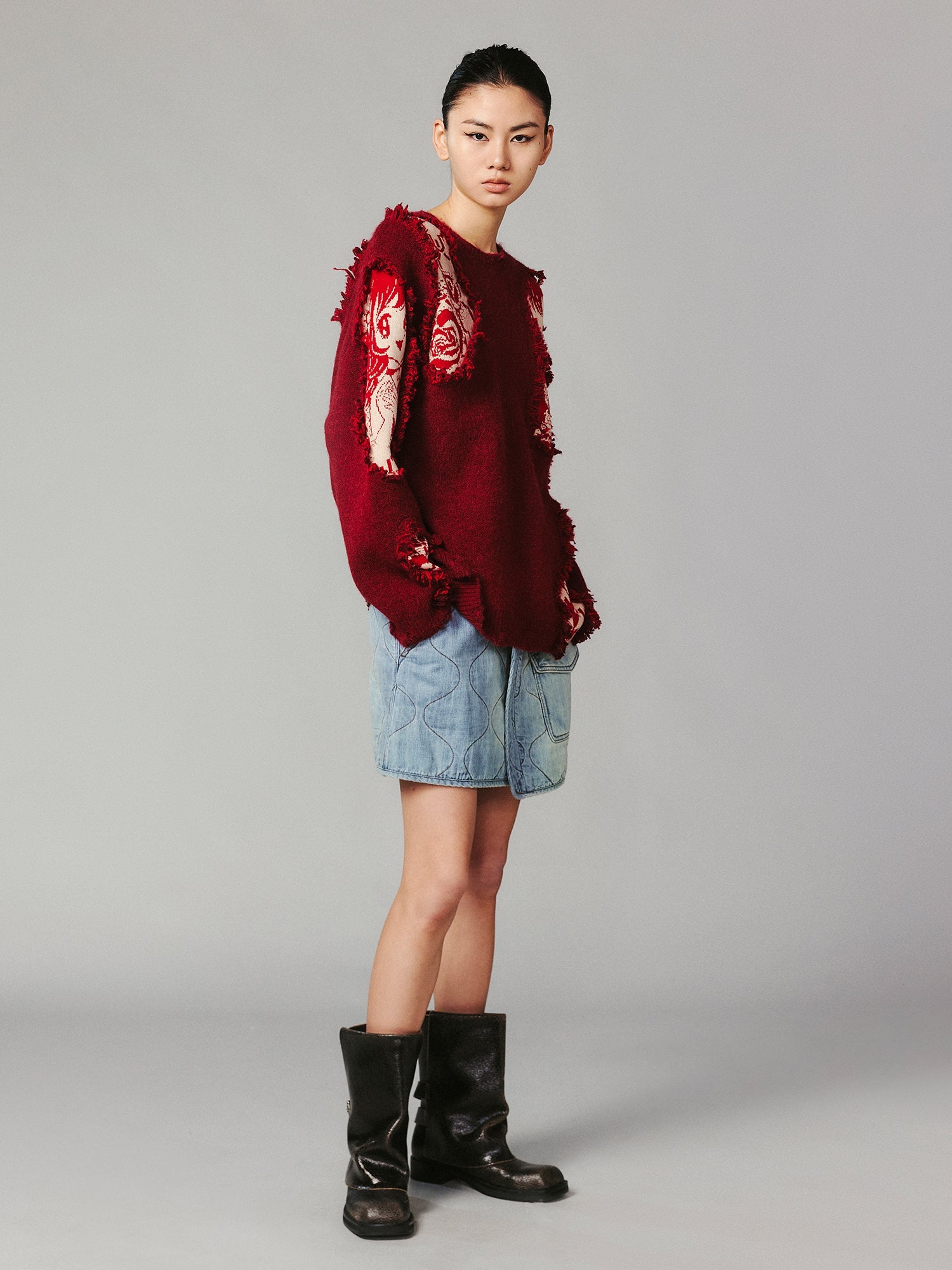 Playful New Year print anime girl pullover sweater with distressed and patched details