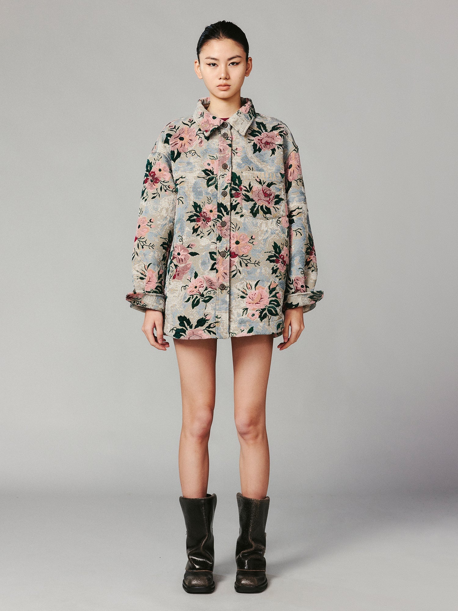 Vintage romantic wallpaper floral shirt-style woven blanket jacket